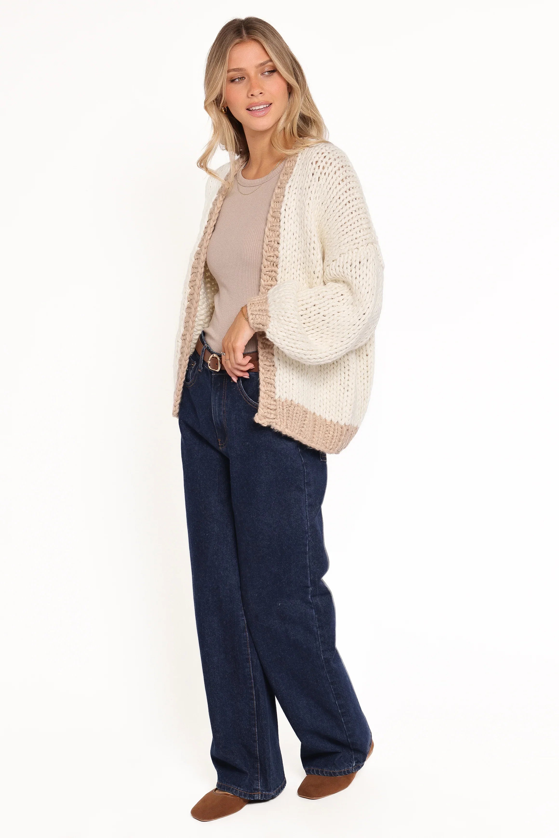 Anige Contrast Trim Cardigan Cream