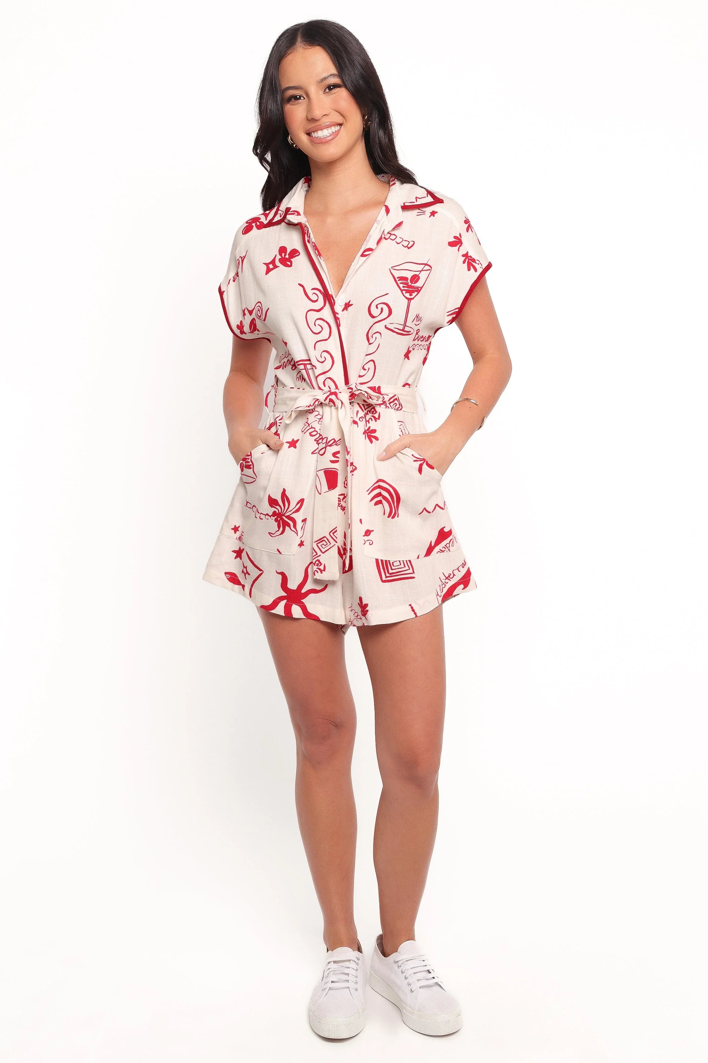 Kensie Tie Waist Romper Red