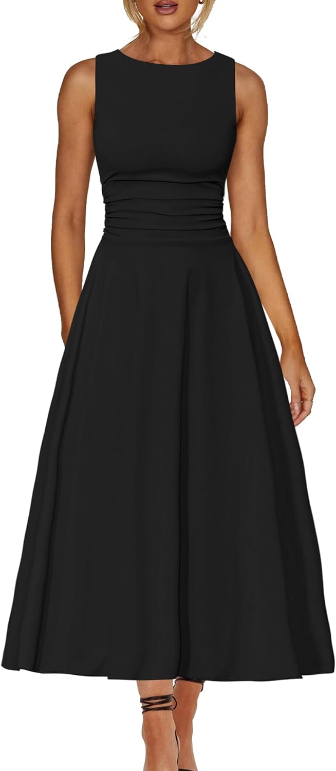 Boat Neck Sleeveless A Line Maxi Dress Ruffle Flowy Casual Long Dresses