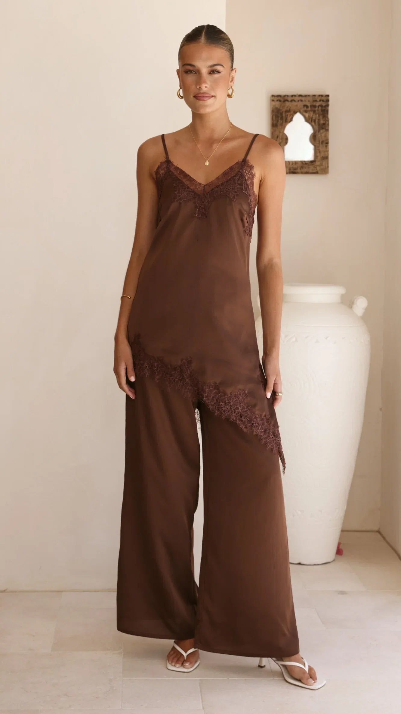 Hayleigh Asymmetrical Top and Pants Set Chocolate Lace