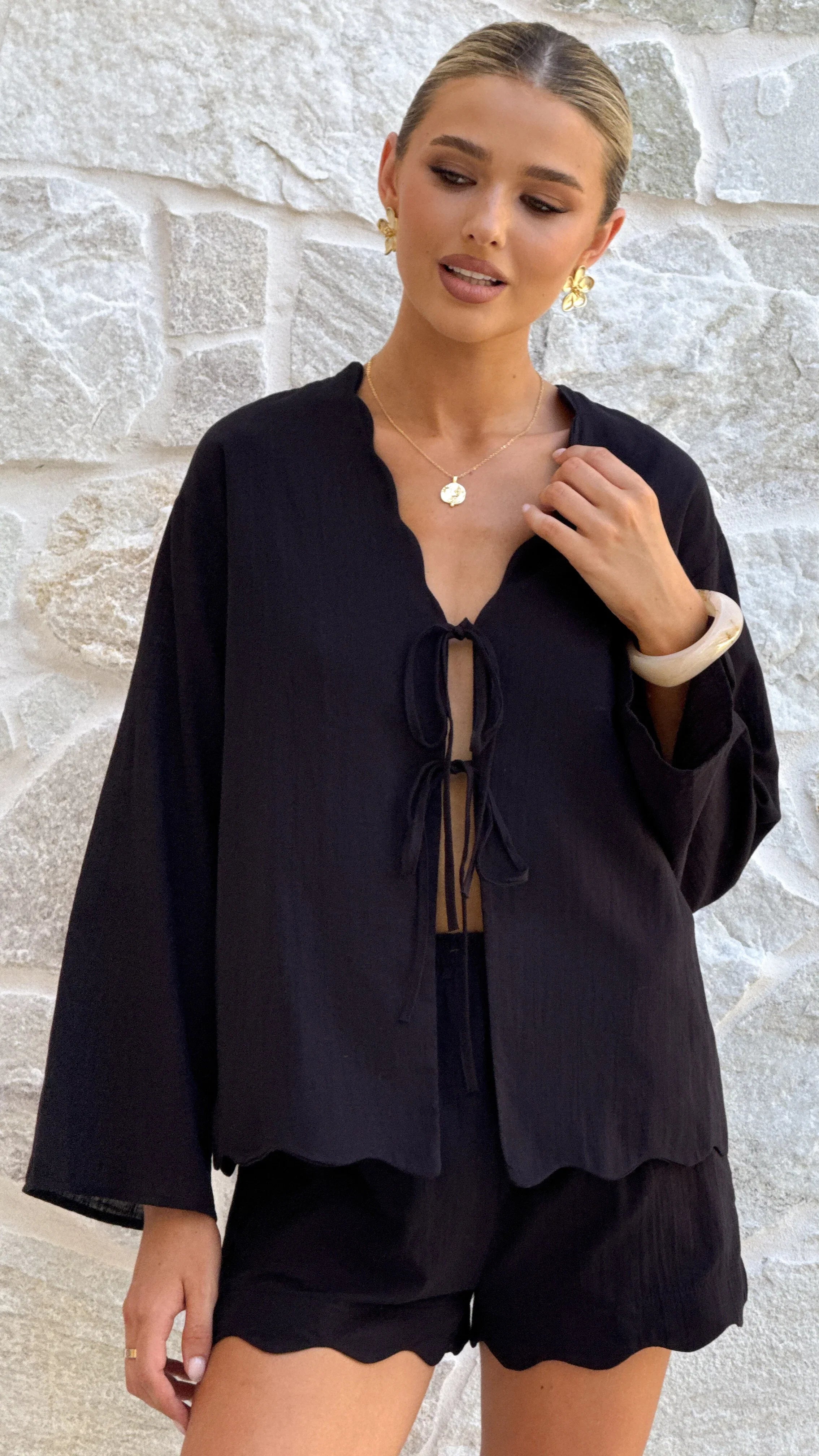 Leelo Tie Front Top and Shorts Set Black