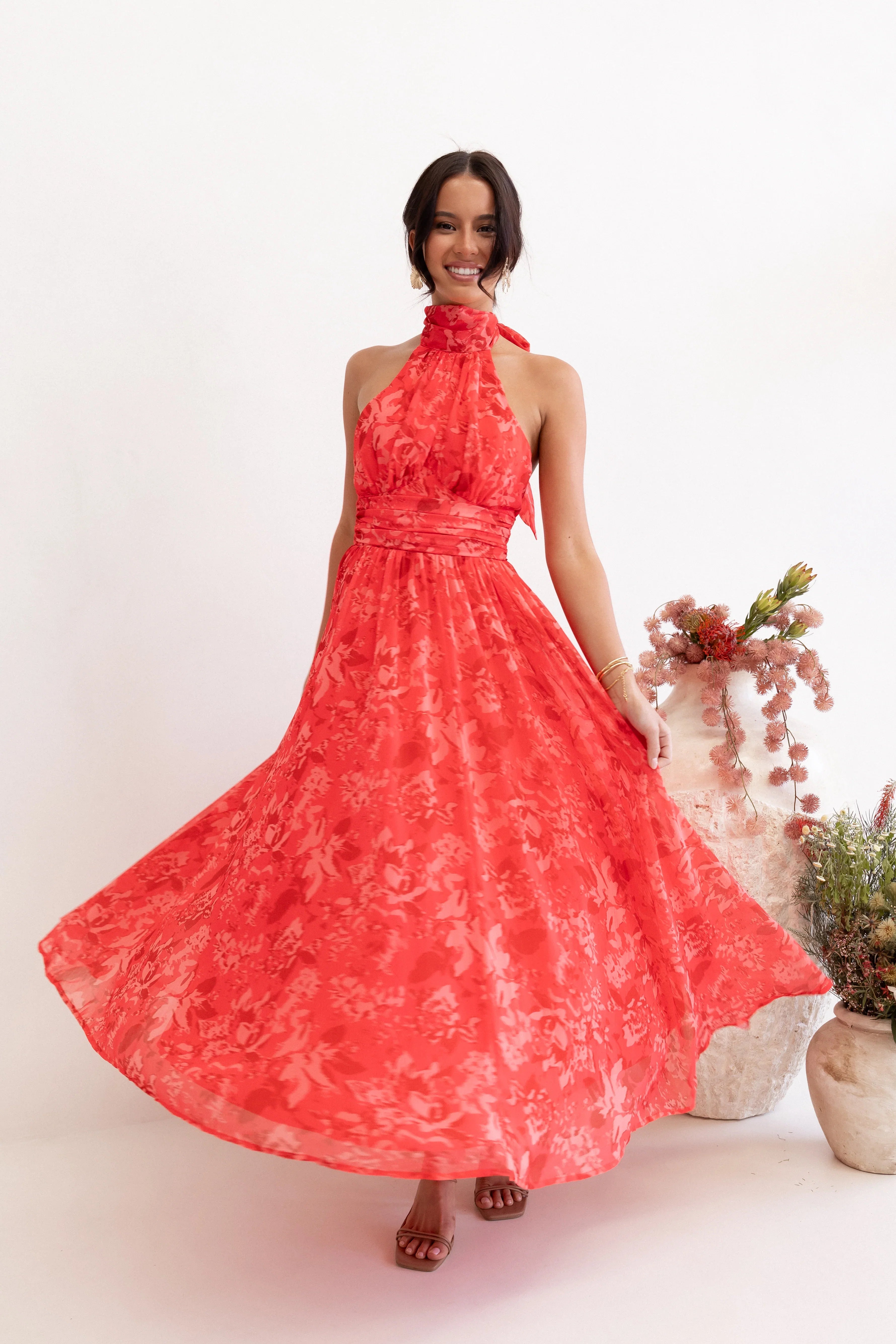 Primrose Halterneck Maxi Dress Red Floral