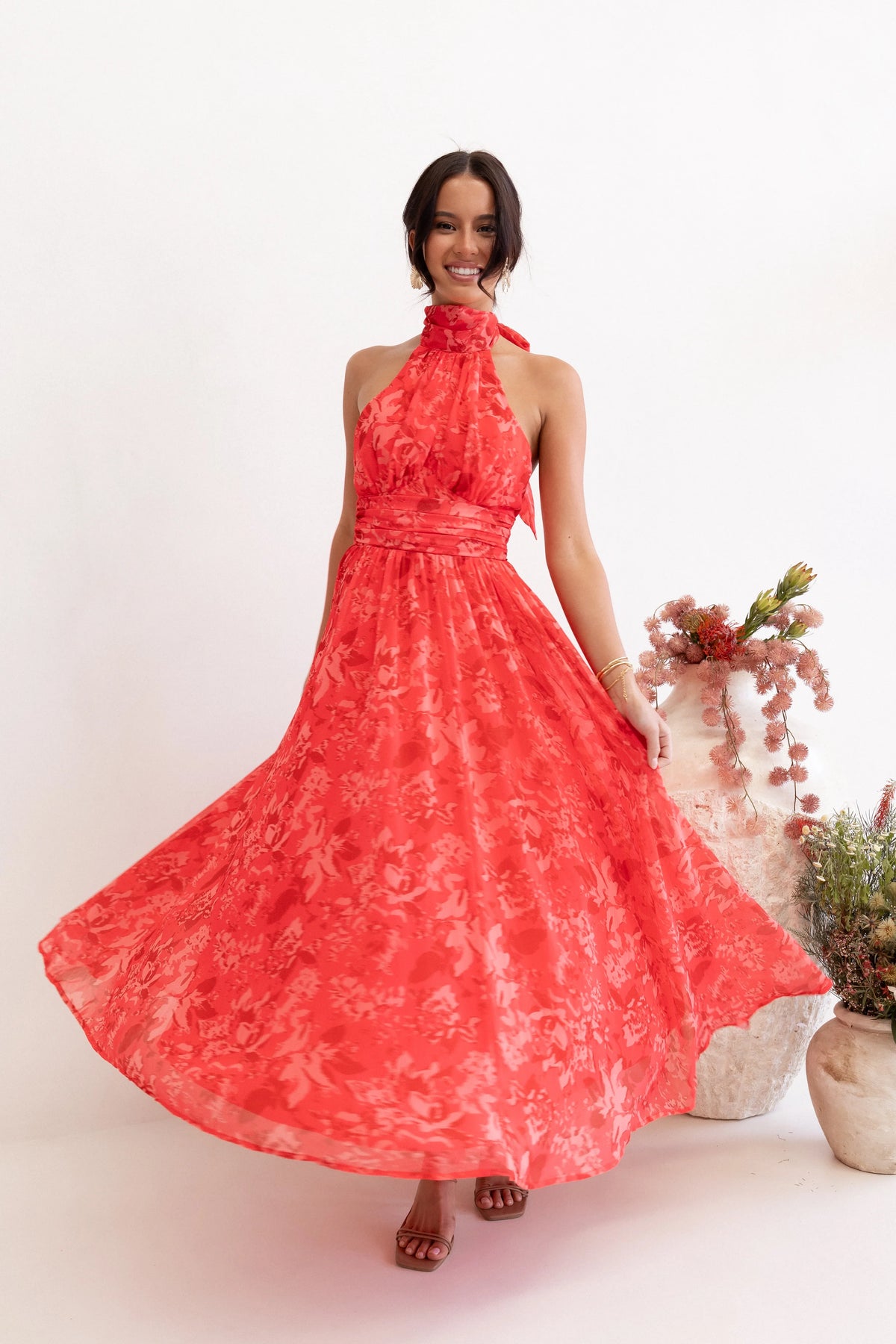 Primrose Halterneck Maxi Dress Red Floral