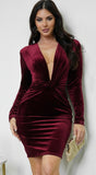 Aless V Neck Front Twist Velvet Mini Dress Burgundy