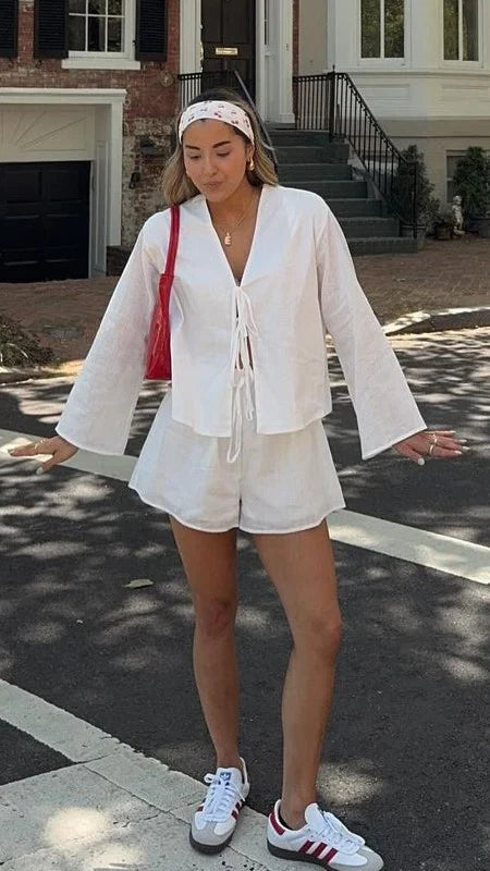Iveena Top and Shorts Set White