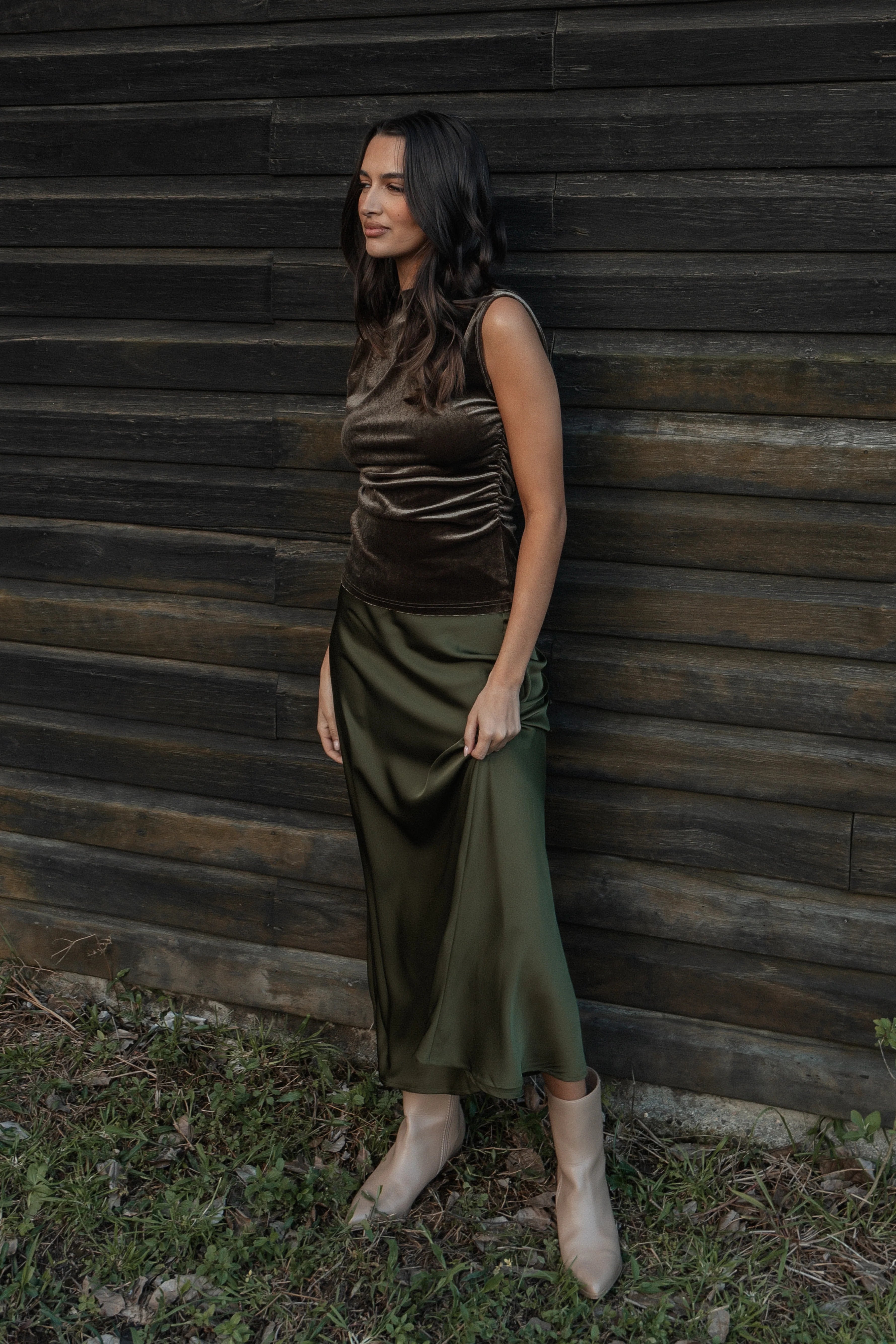 Nellie Satin Midi Skirt Olive