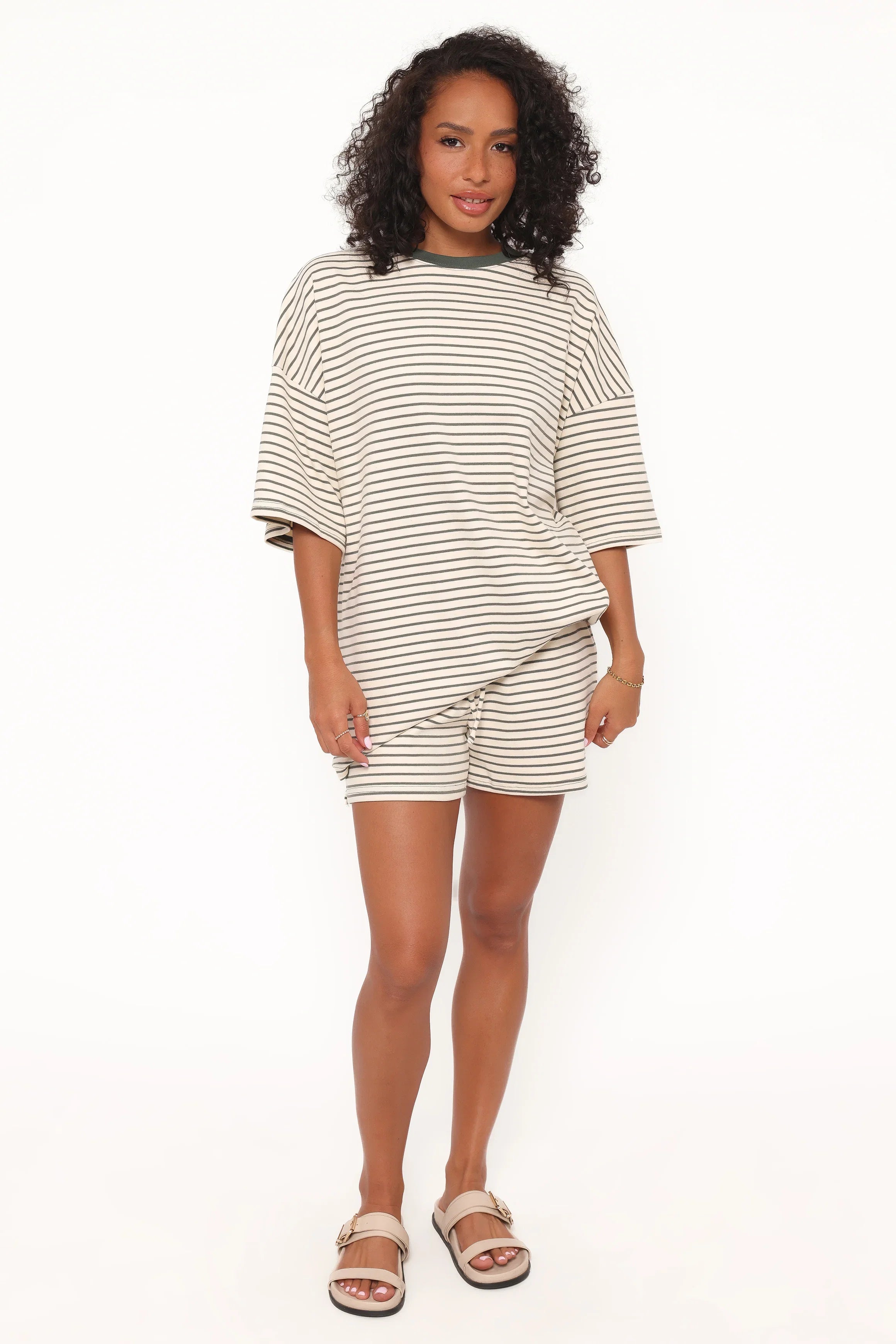 Hellen Stripe Short Set Cream Green Stripe