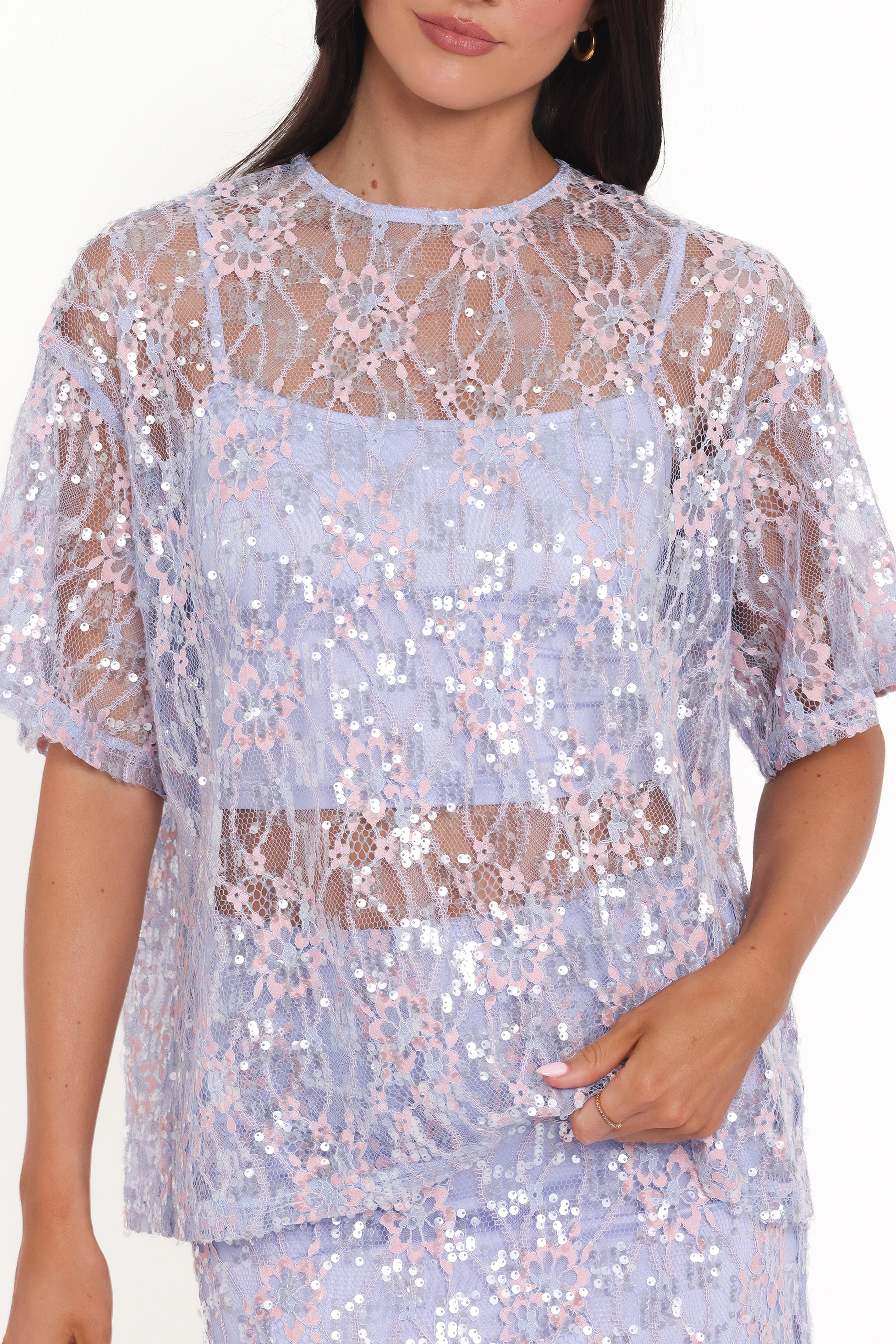 Yonder Sheer Lace Tee Top Purple