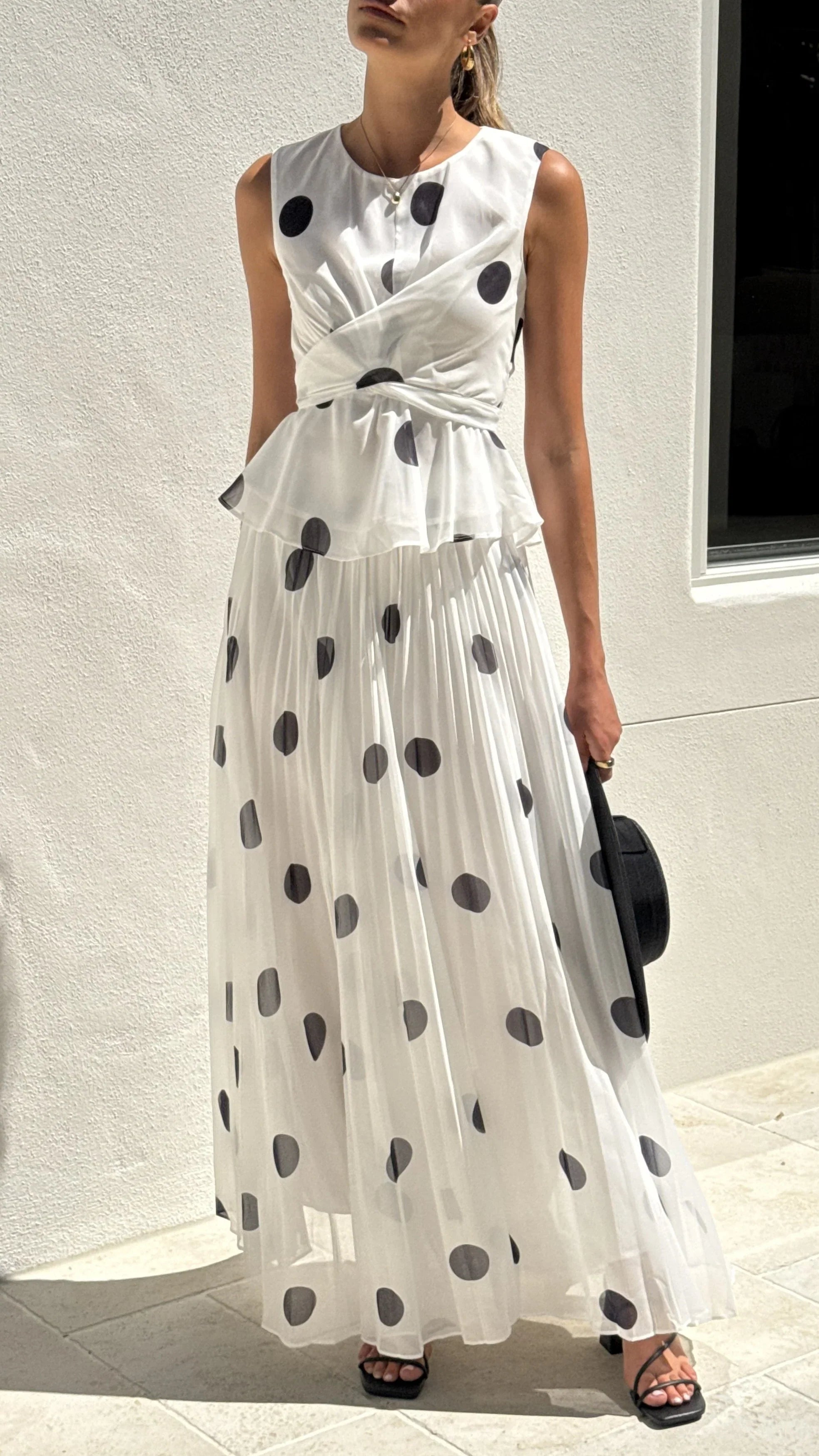 Cambree Peplum Top and Maxi Skirt Set White Black Polka Dot