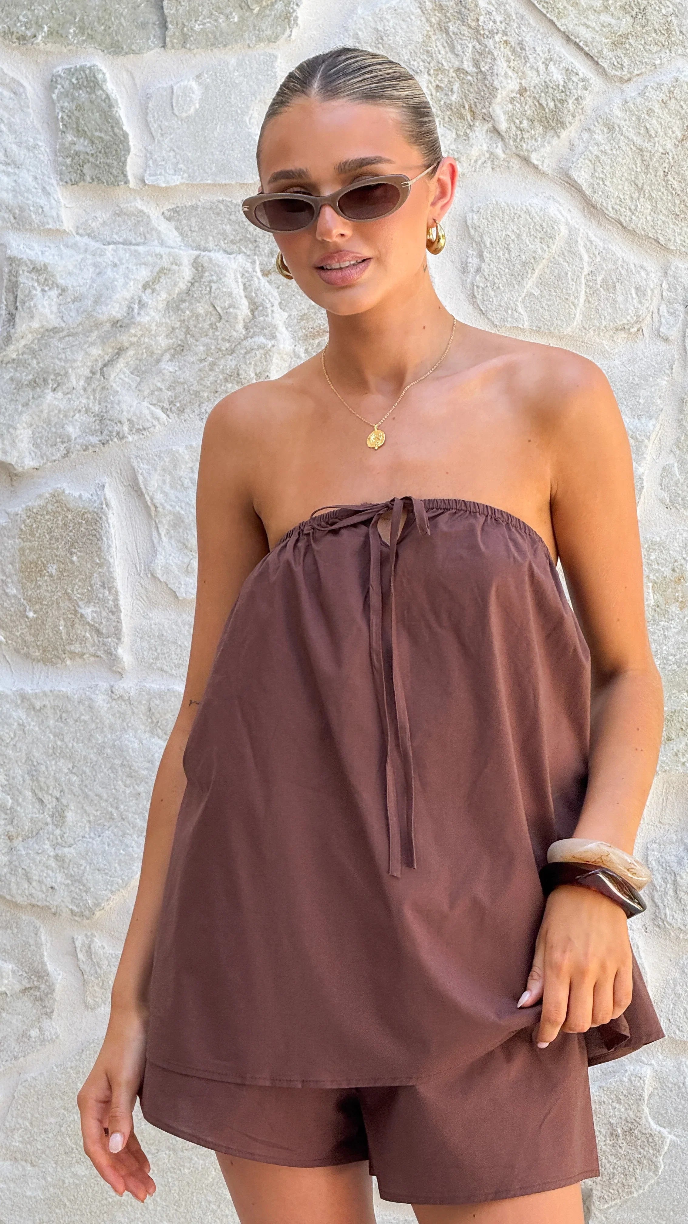 Mallie Strapless Top and Shorts Set Chocolate