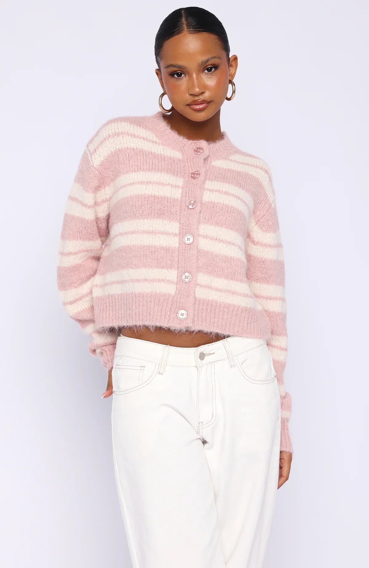 Ice Bae Stripe Knit Cardigan Strawberry Cream Stripe