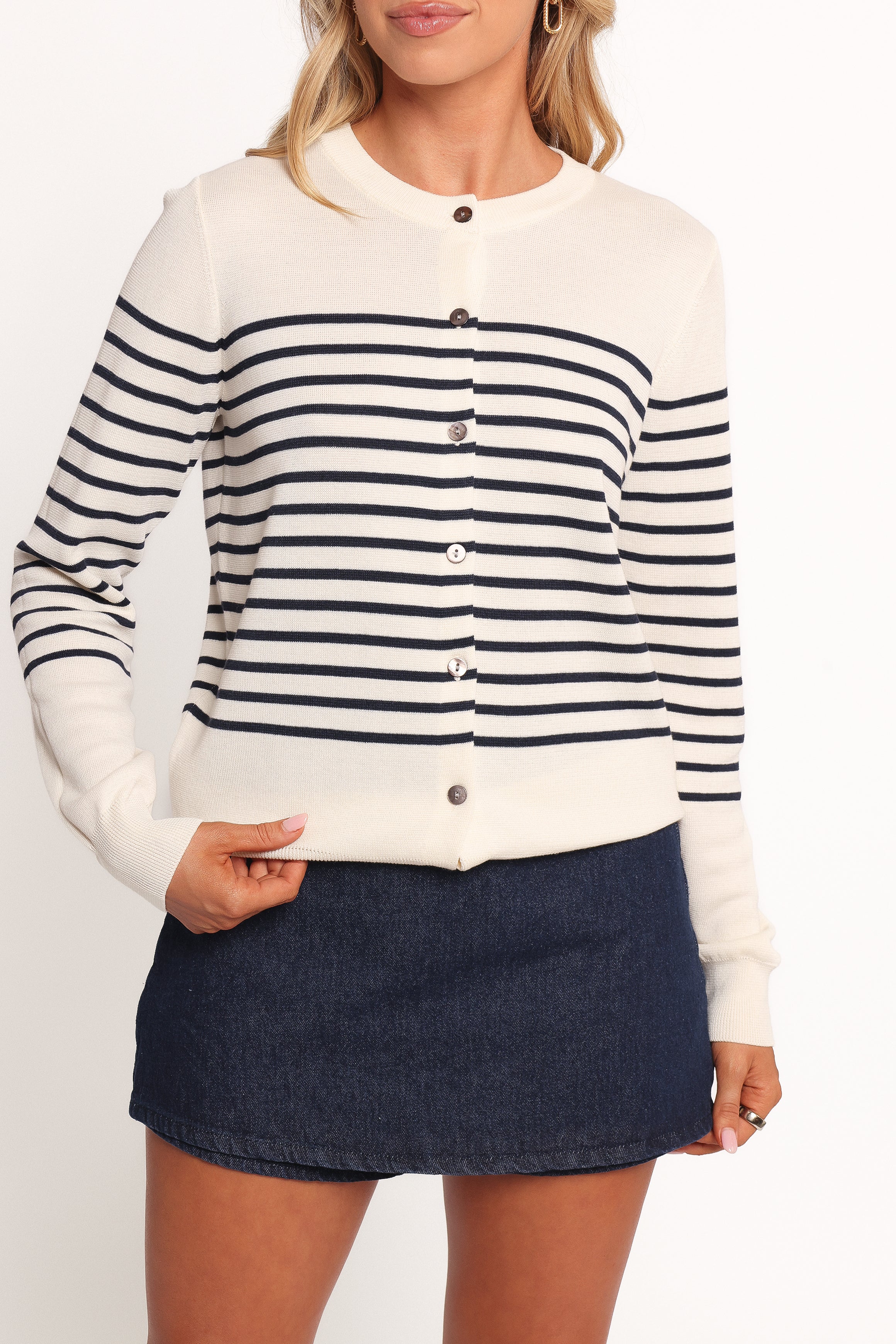 Gavi Button Front Striped Cardigan Off White Navy