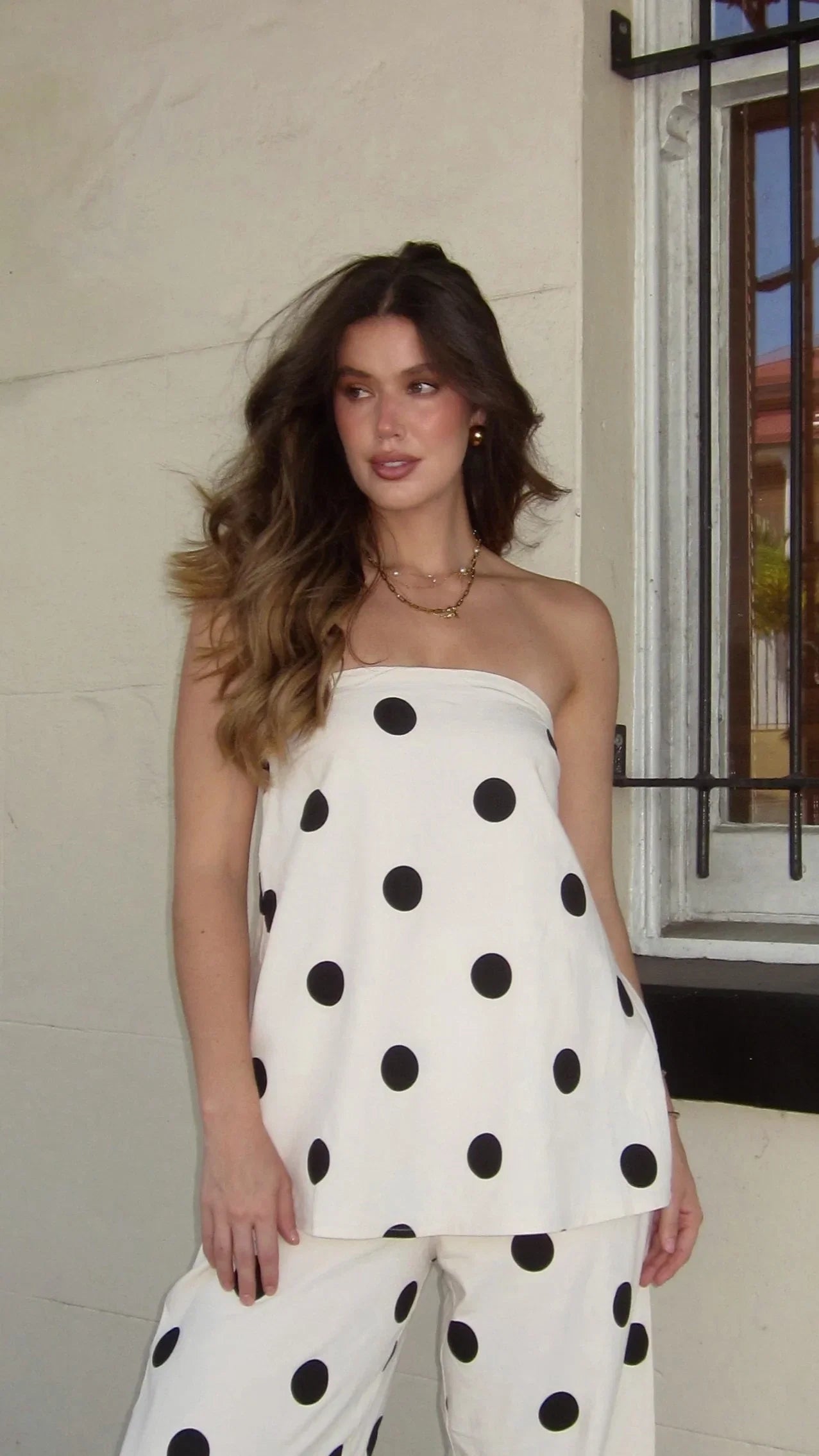 Hazelle Strapless Top Beige Black Polka Dot