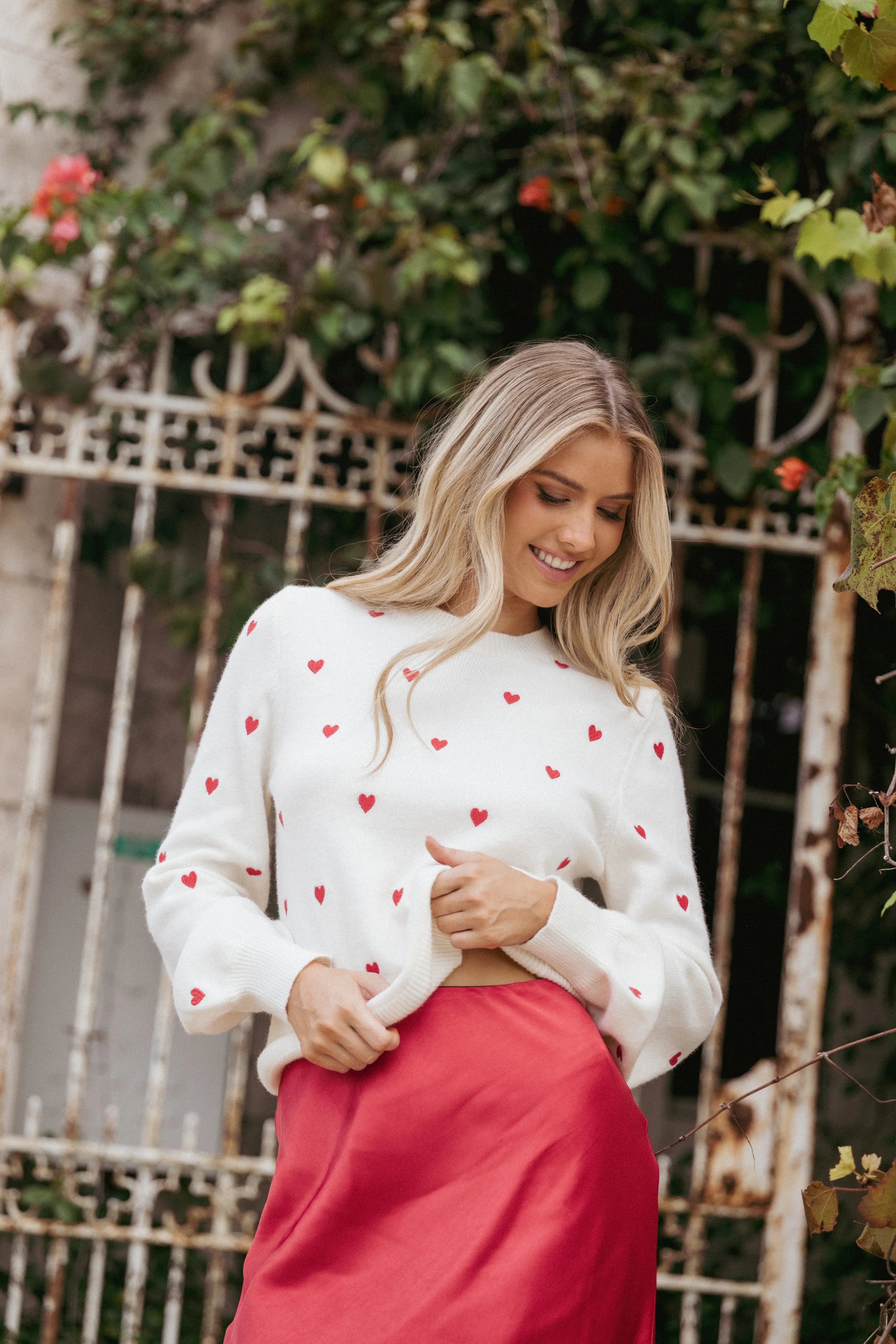Xadie All Over Mini Heart Sweater Cream Red