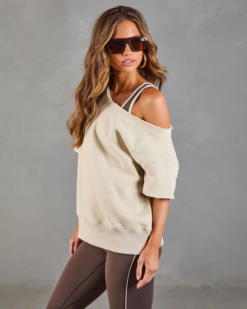 Empower Luxe Short Sleeve Off The Shoulder Sweatshirt