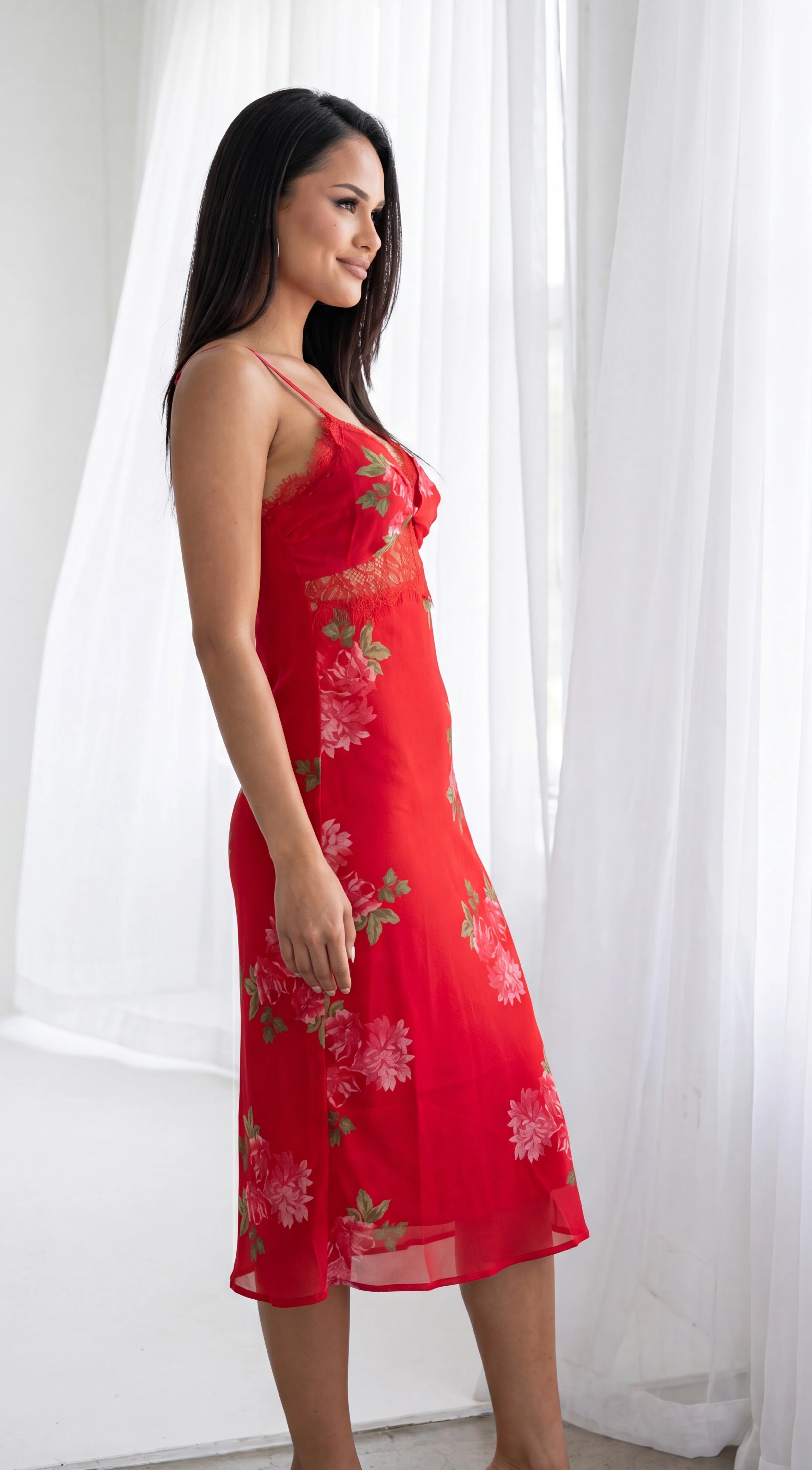 Scarlet Floral Print Midi Dress Red