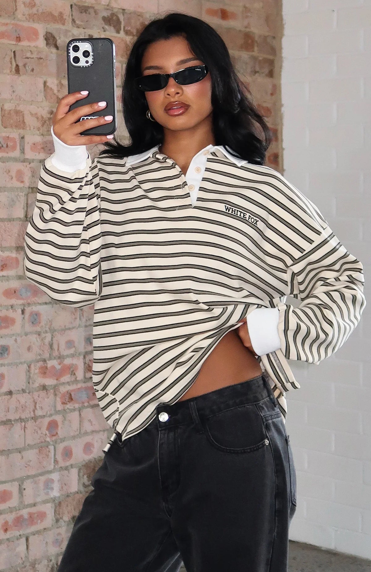 Out Again Long Sleeve Rugby Shirt Cream Olive Stripe