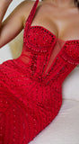 Orlisse Rhinestone Feather Maxi Dress Red