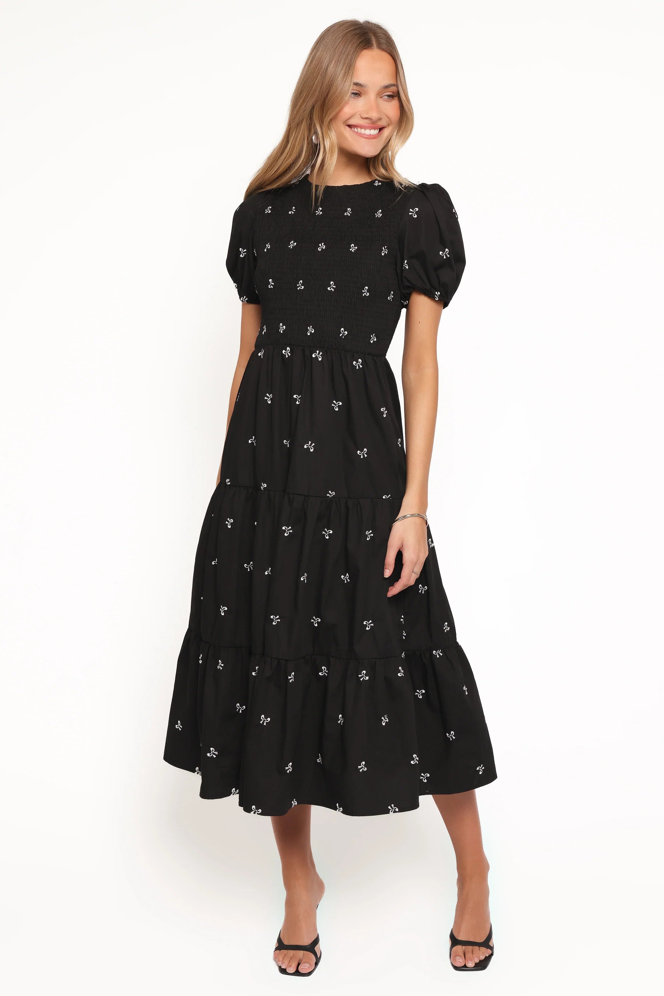 Naura Shirred Tiered Midi Dress Black Bow