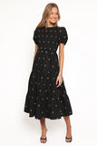 Naura Shirred Tiered Midi Dress Black Bow
