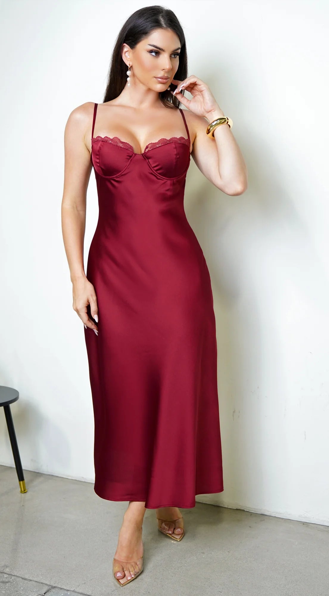 Civelle Satin Maxi Dress Burgundy Red