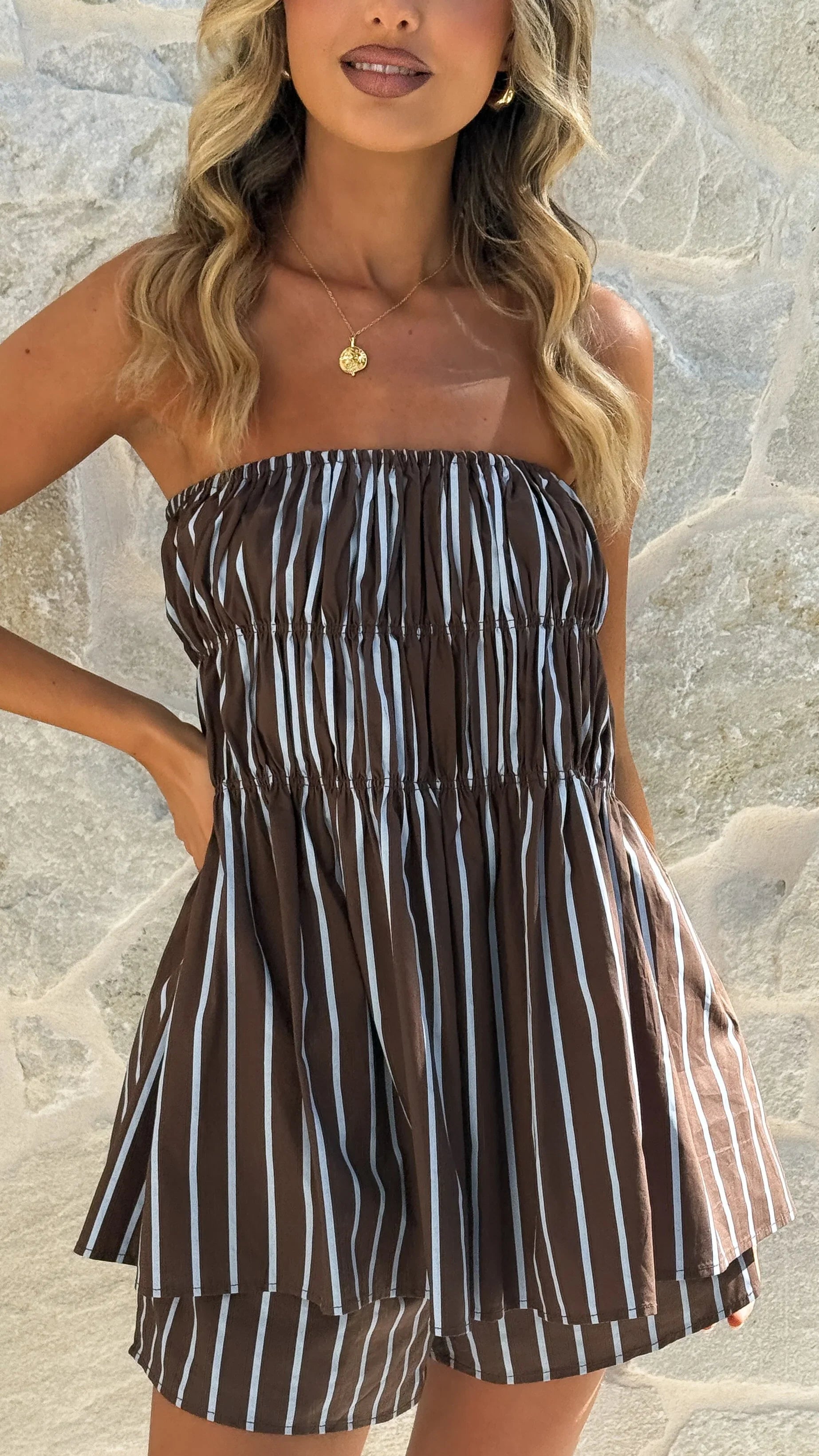 Kamala Strapless Cinch Top and Shorts Set Chocolate Blue Stripe