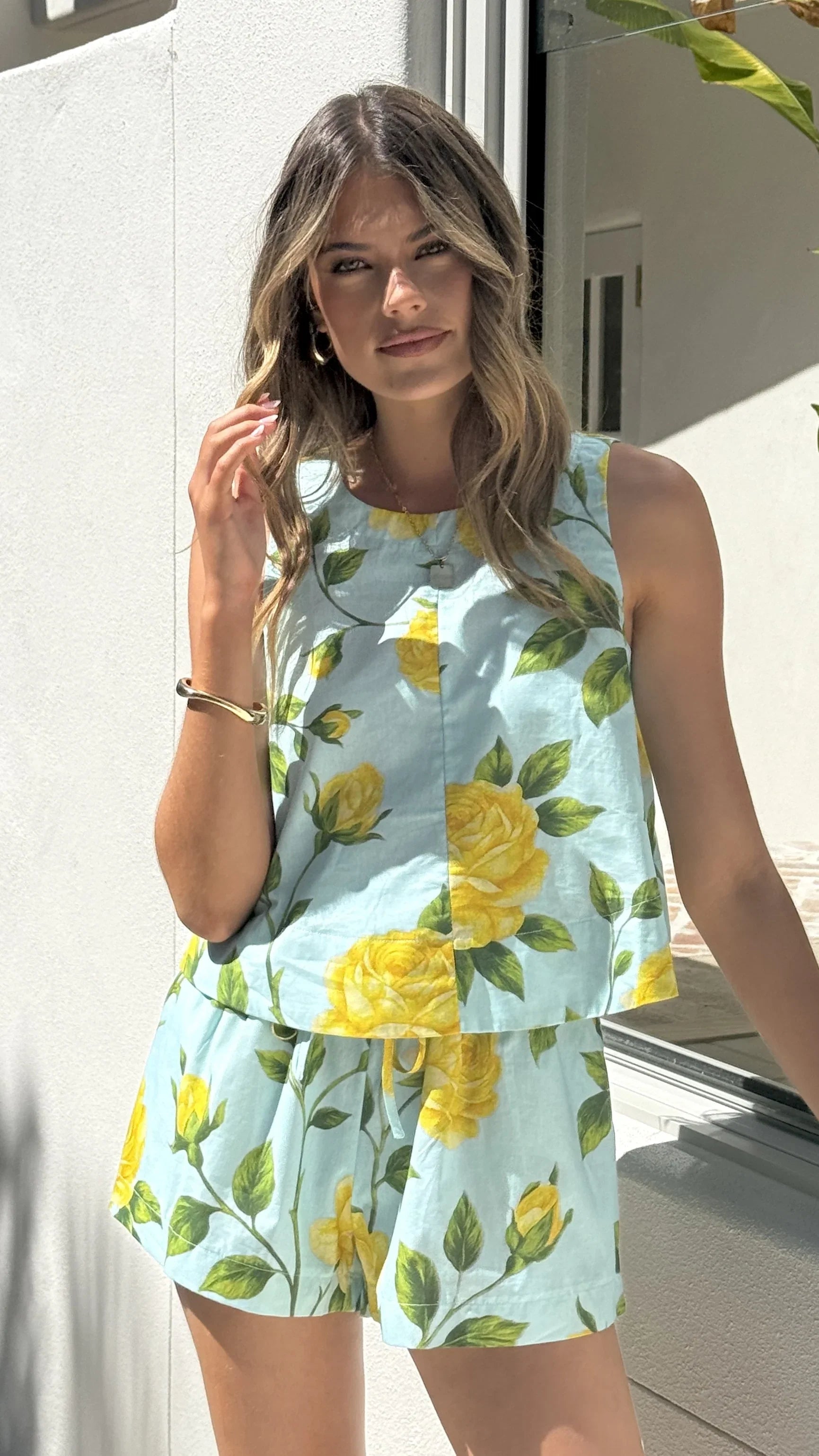 Charmain Top Lemon Aqua Floral