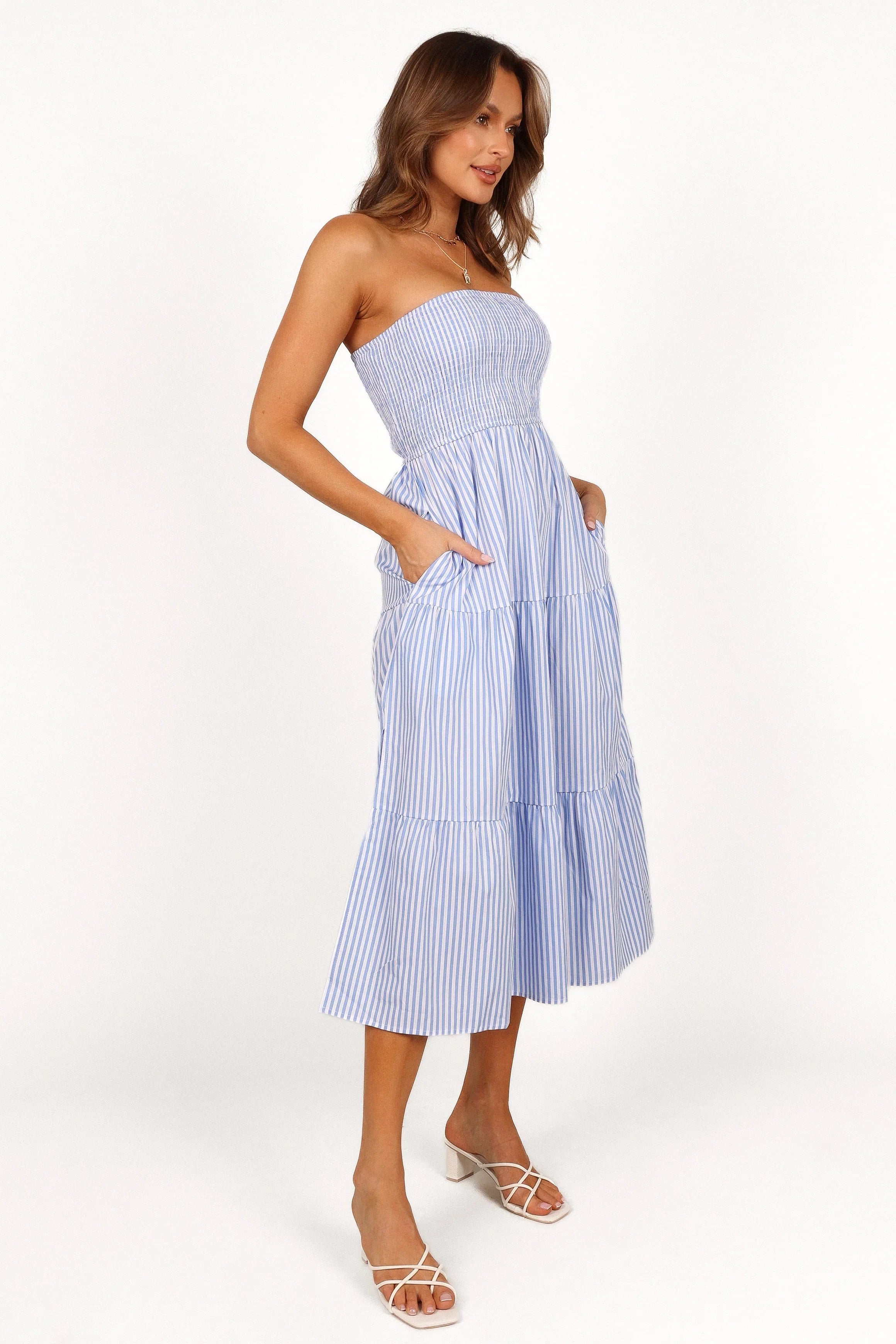 Maisie Strapless Midi Dress Blue Stripe