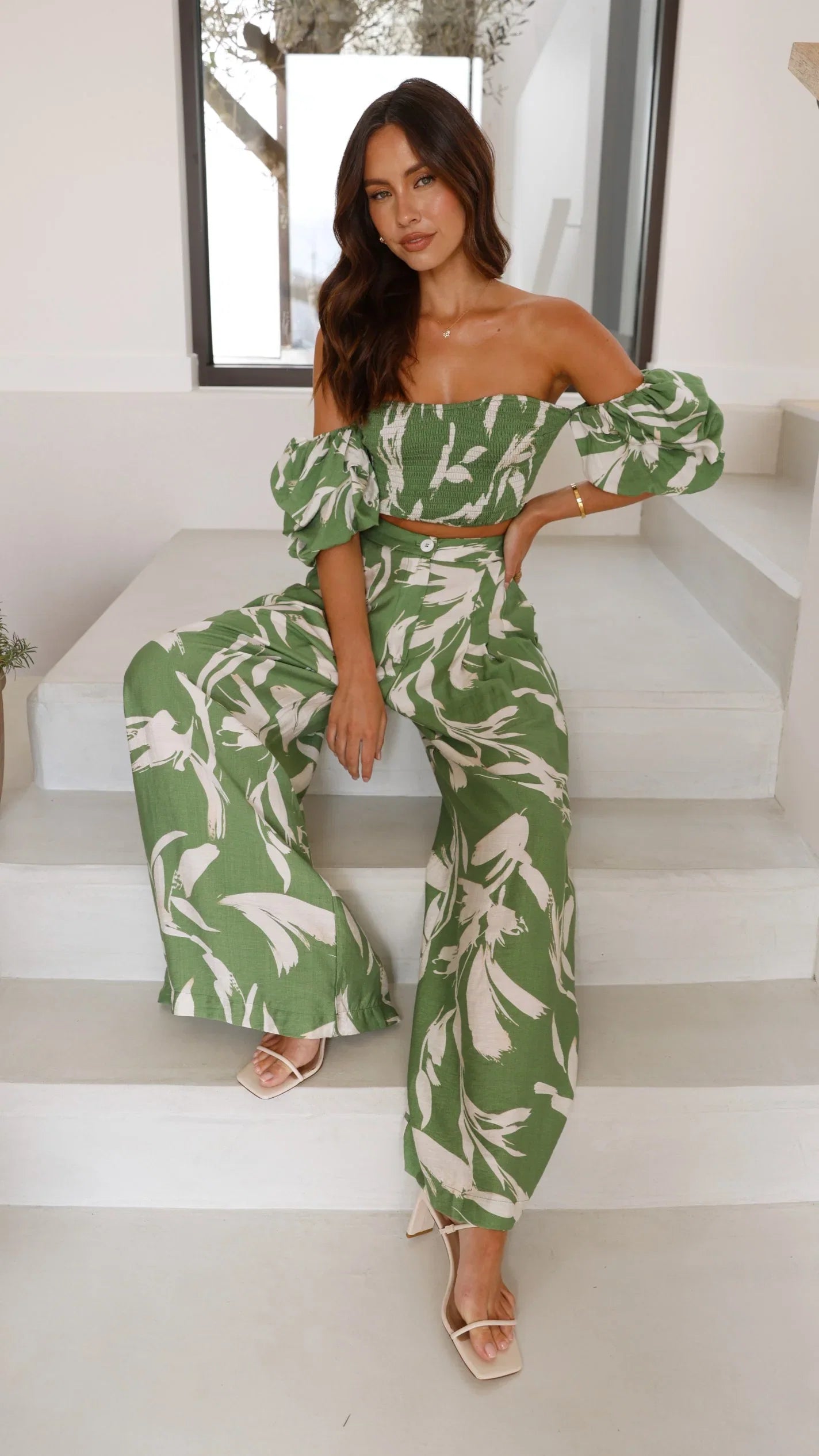 Callison Crop Top and Pants Set Green Print