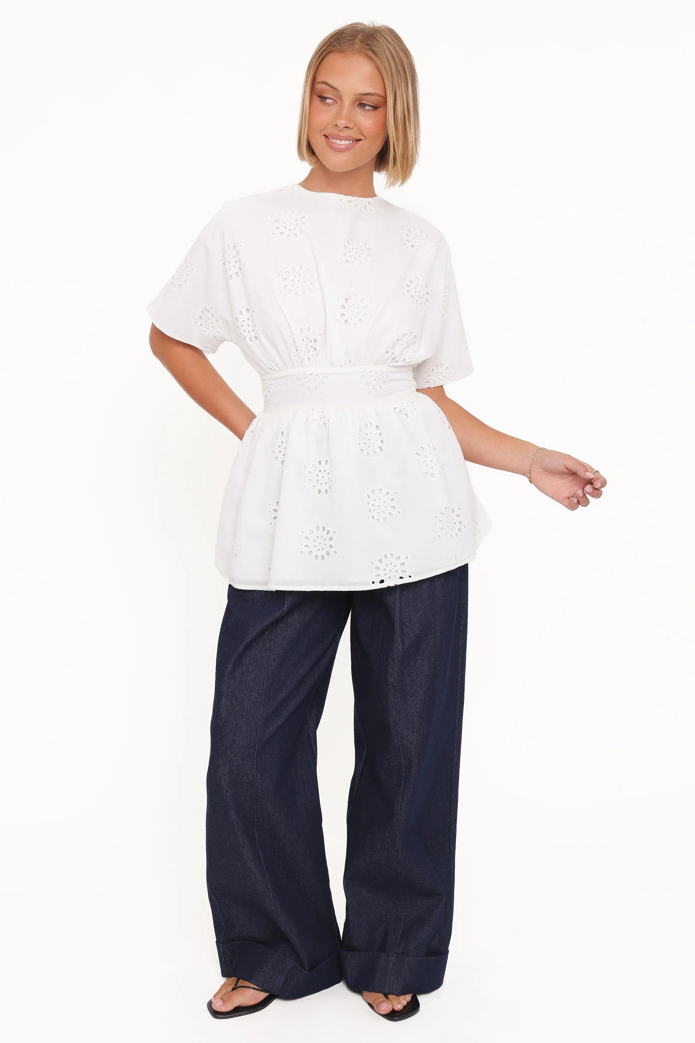 Carmel Tie Back Tunic Top White Embroidery