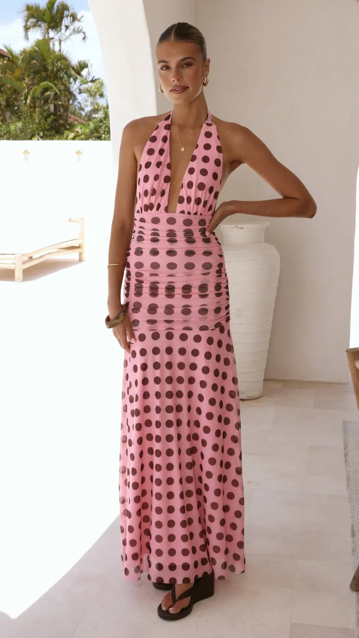 Kya Maxi Dress Pink Brown Polka