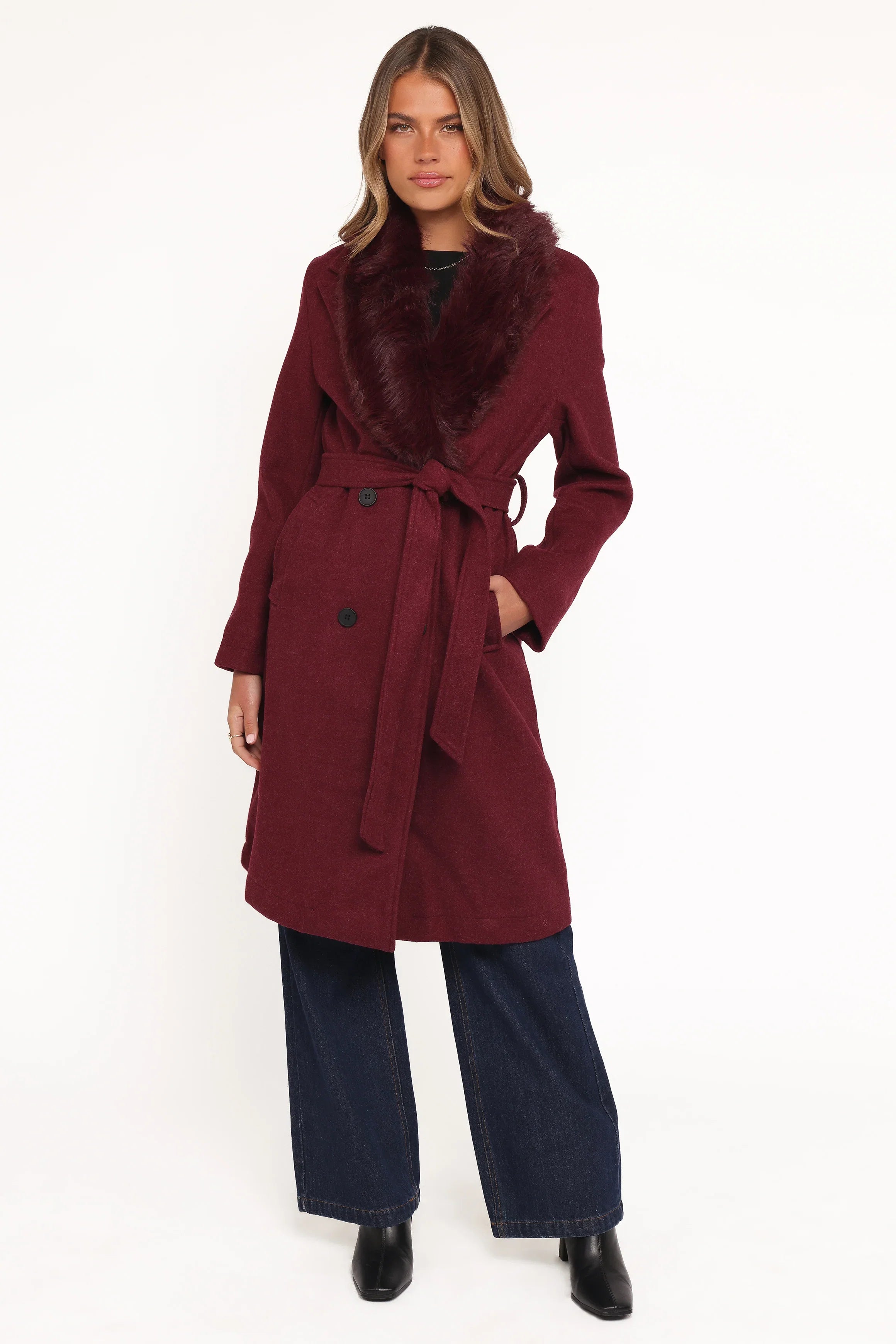 Nina Fur Collar Tie Waist Coat Burgundy