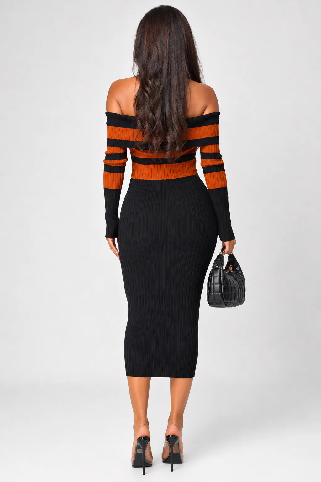 Robyn Stripe Ribbed Off Shoulder Midi Dress Black