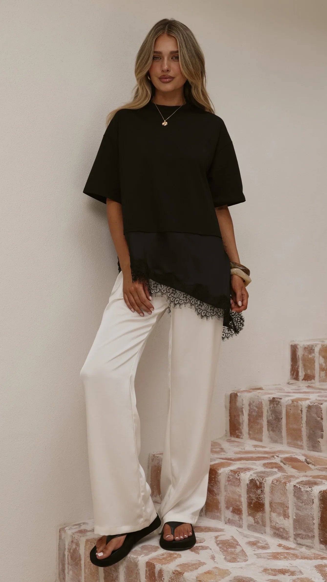 Mirandah Satin Panel T Shirt Black