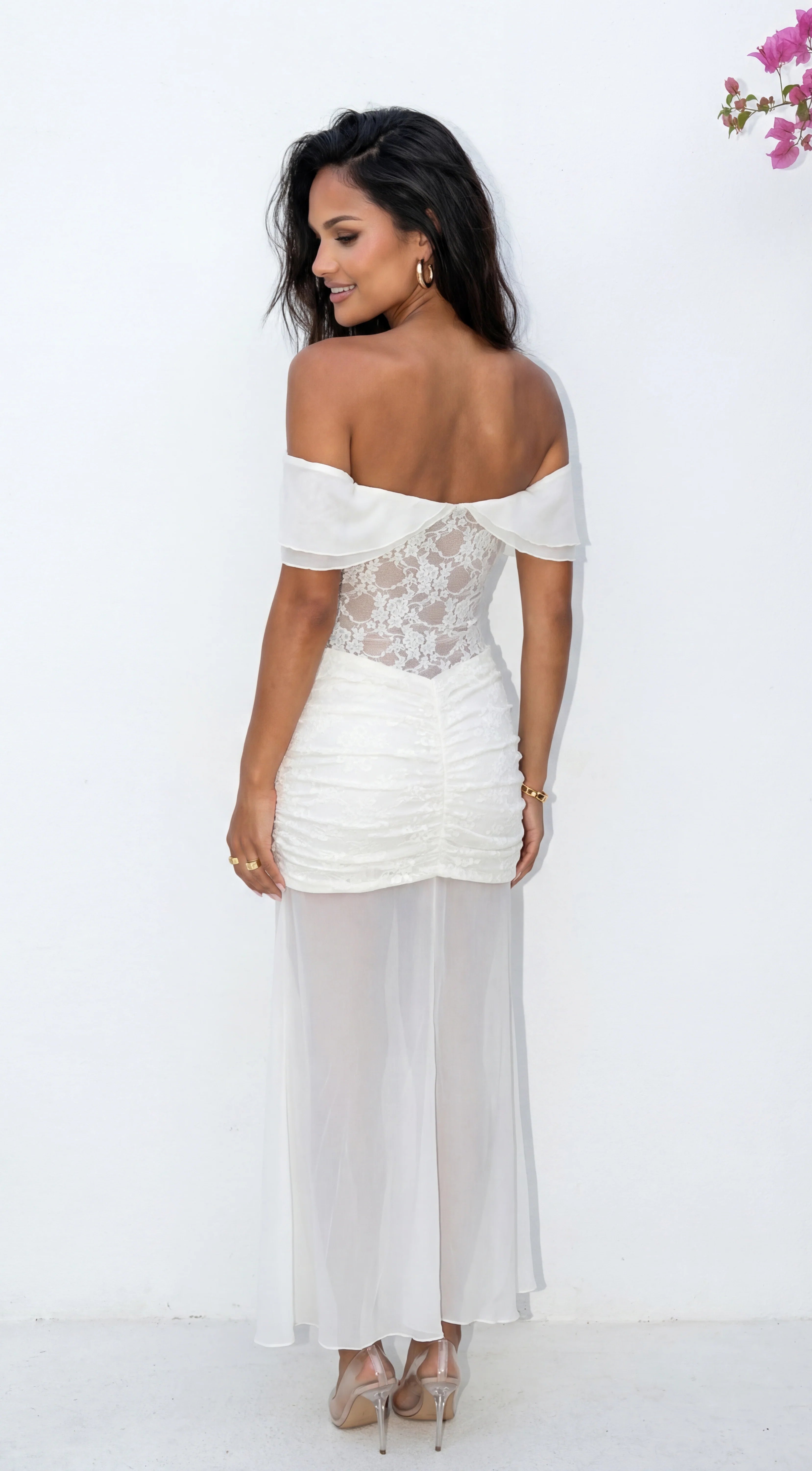 Elarisse Lace Mesh Maxi Dress Cream White