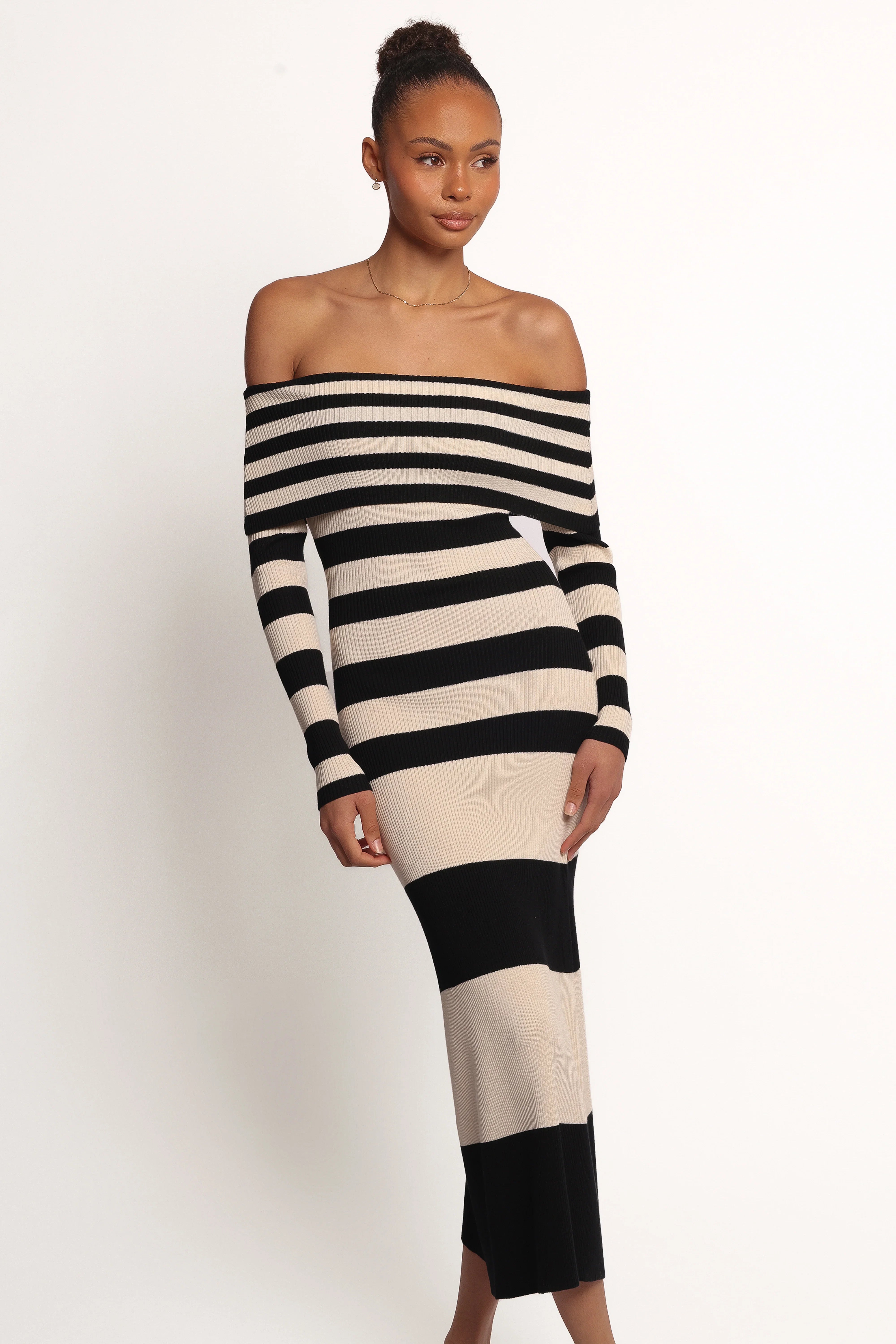 Banks Off Shoulder Knit Dress Black Cream Stripe