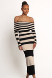 Banks Off Shoulder Knit Dress Black Cream Stripe