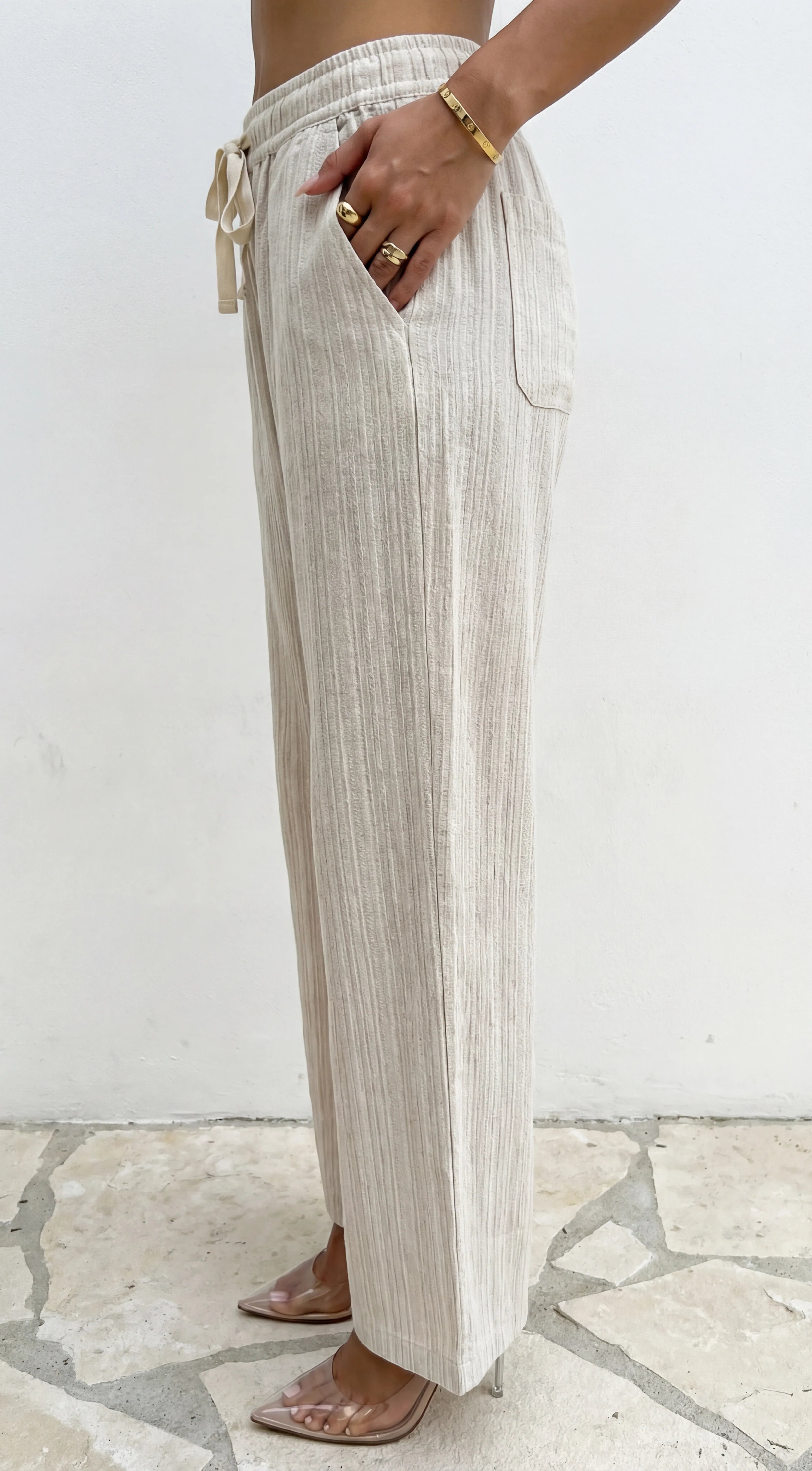 Marlow Striped Linen Wide Leg Pants Beige