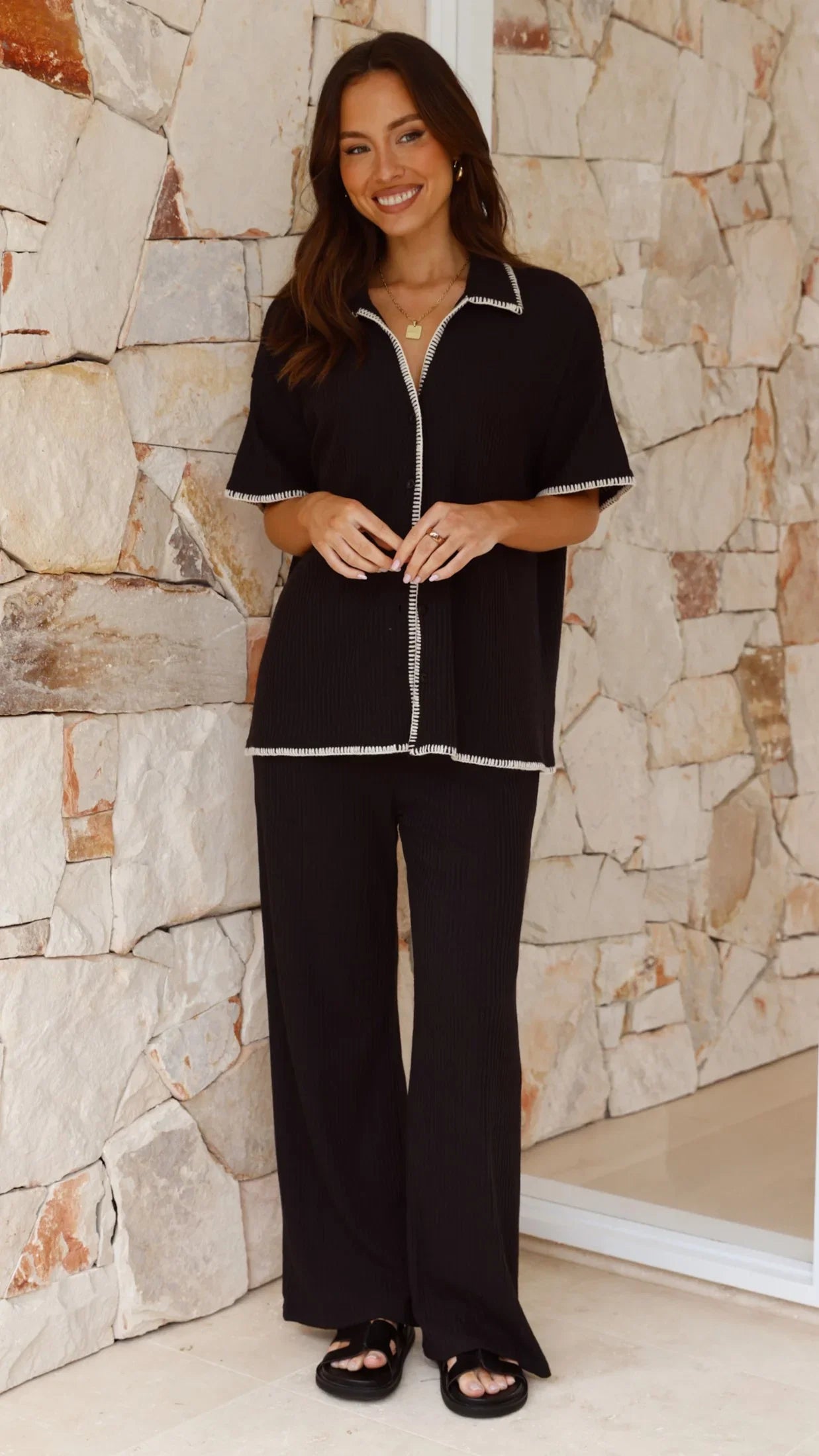 Madian Button Up Shirt and Pants Set Black
