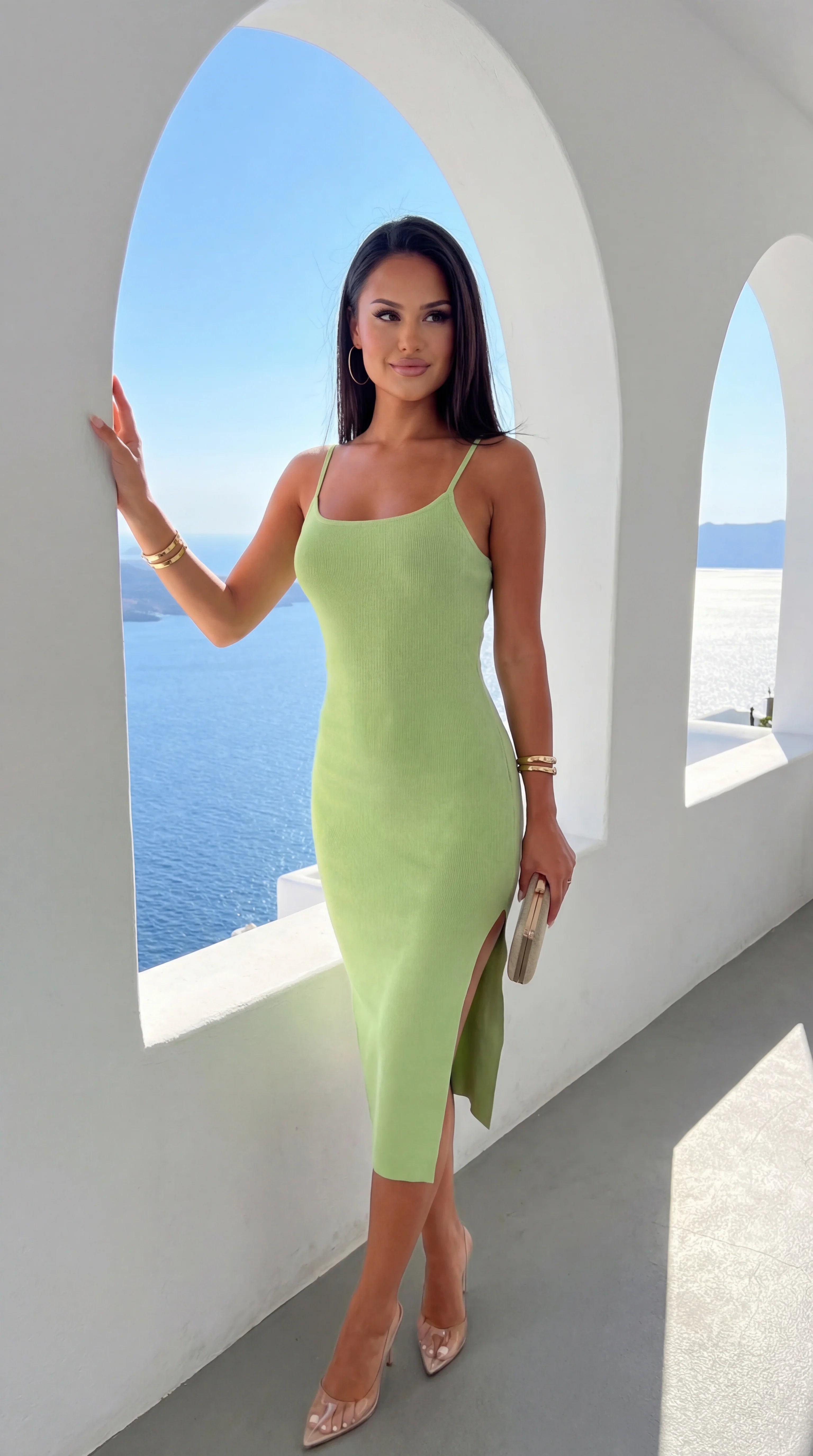 Sana Ribbed Side Slit Cami Midi Dress Green
