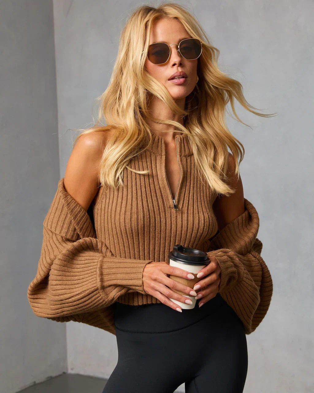Dreamlight Ribbed Quarter Zip Top And Dolman Cardigan Set