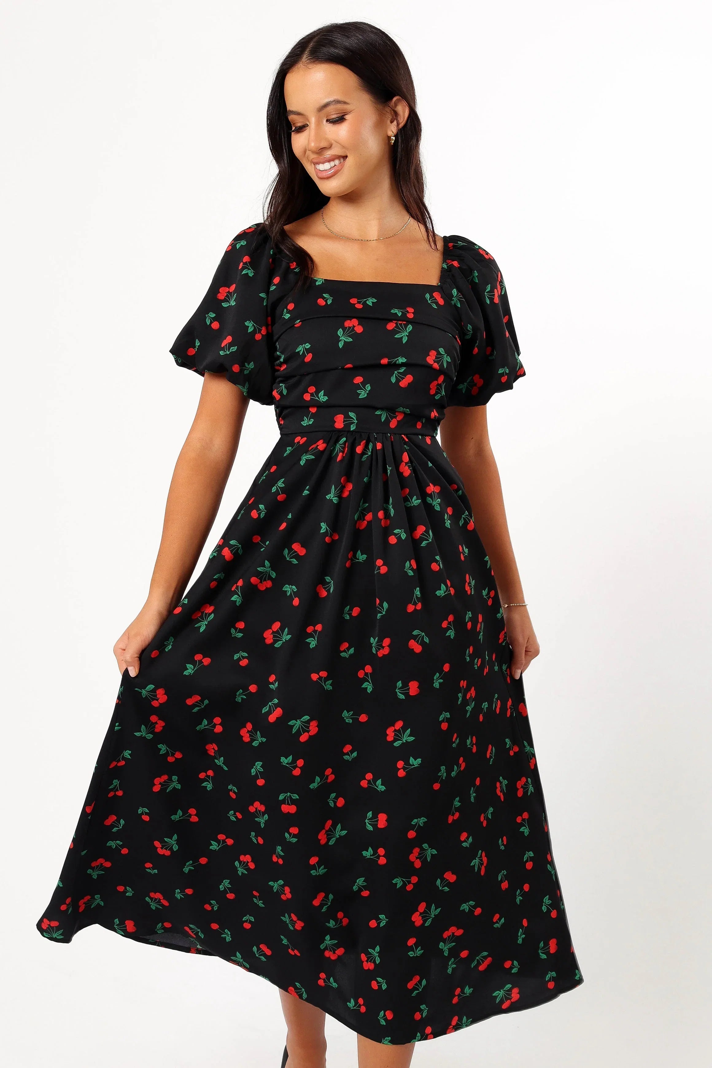 Chlo Puff Sleeve Midi Dress Cherry Print