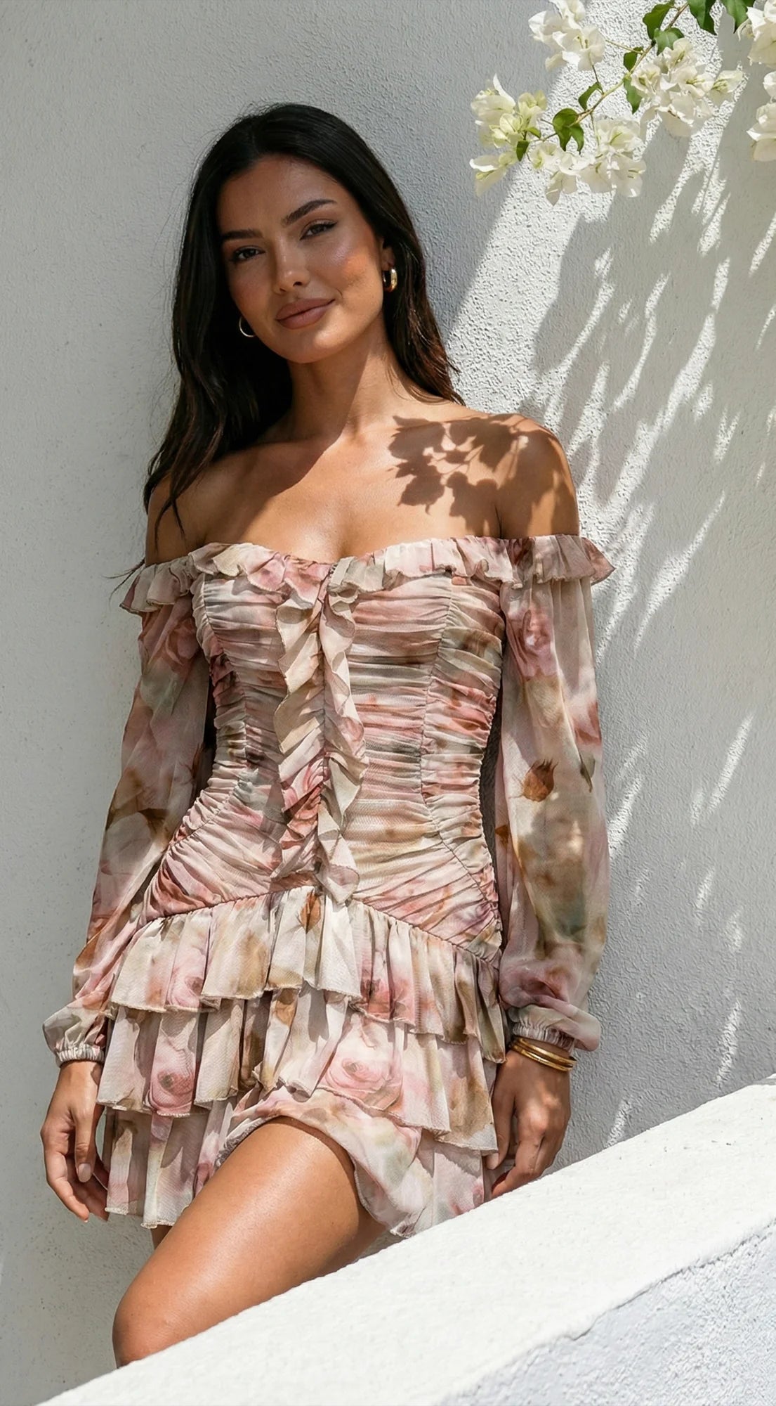 Sorrento Garden Floral Off Shoulder Ruffle Mini Dress Beige Multi