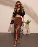 Elyssa Fringe Satin Jacquard Wrap Tie Midi Skirt