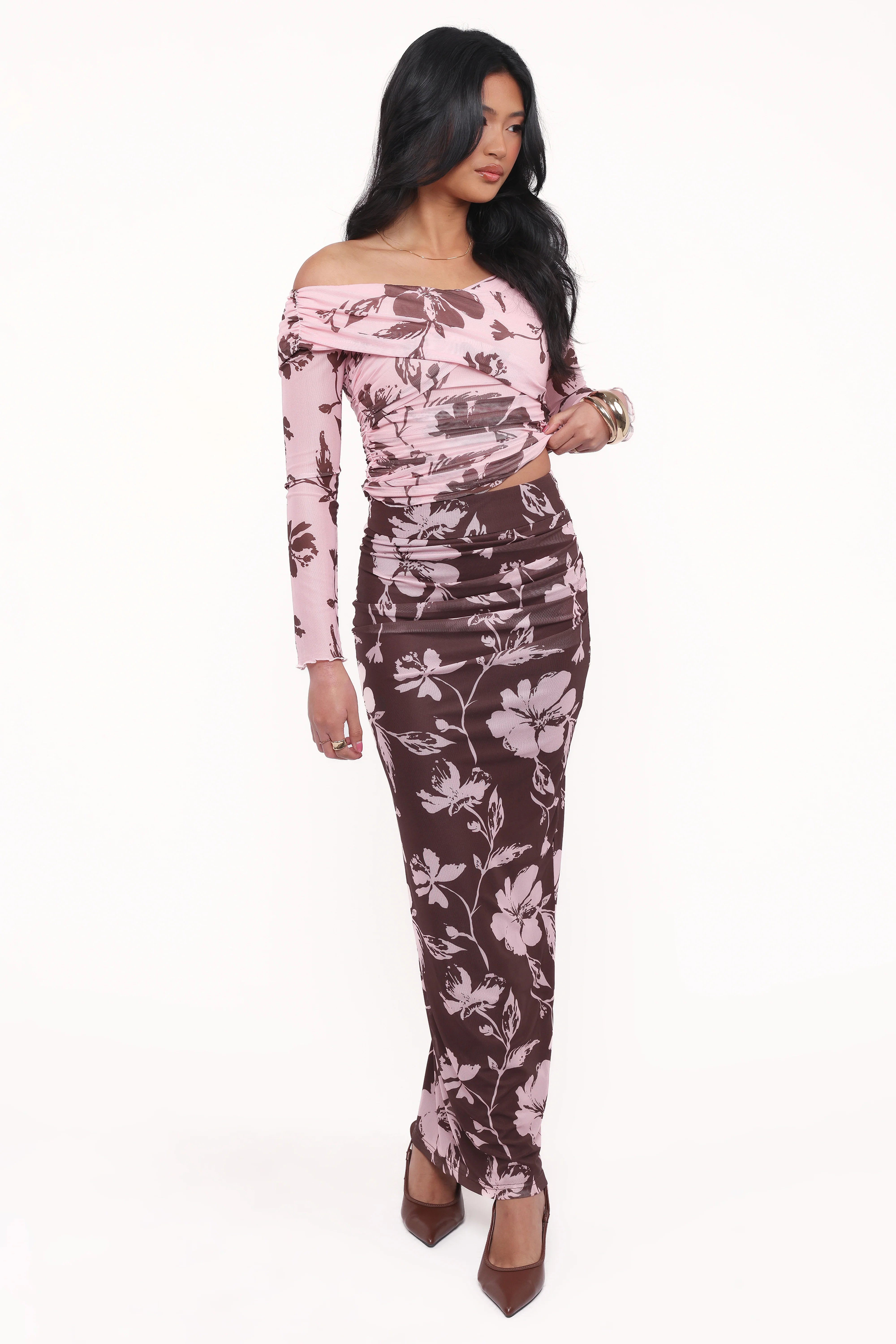 Navida Mesh Midi Skirt Pink Brown Floral