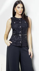 Ardelle Belted Sequin Tweed Top Black