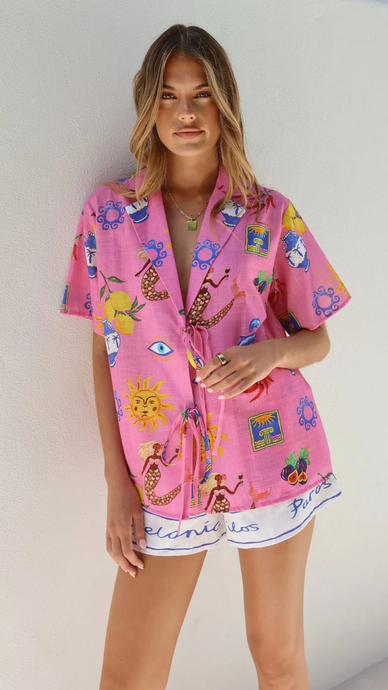 Dayana Tie Up Shirt and Shorts Set Greek Island Print
