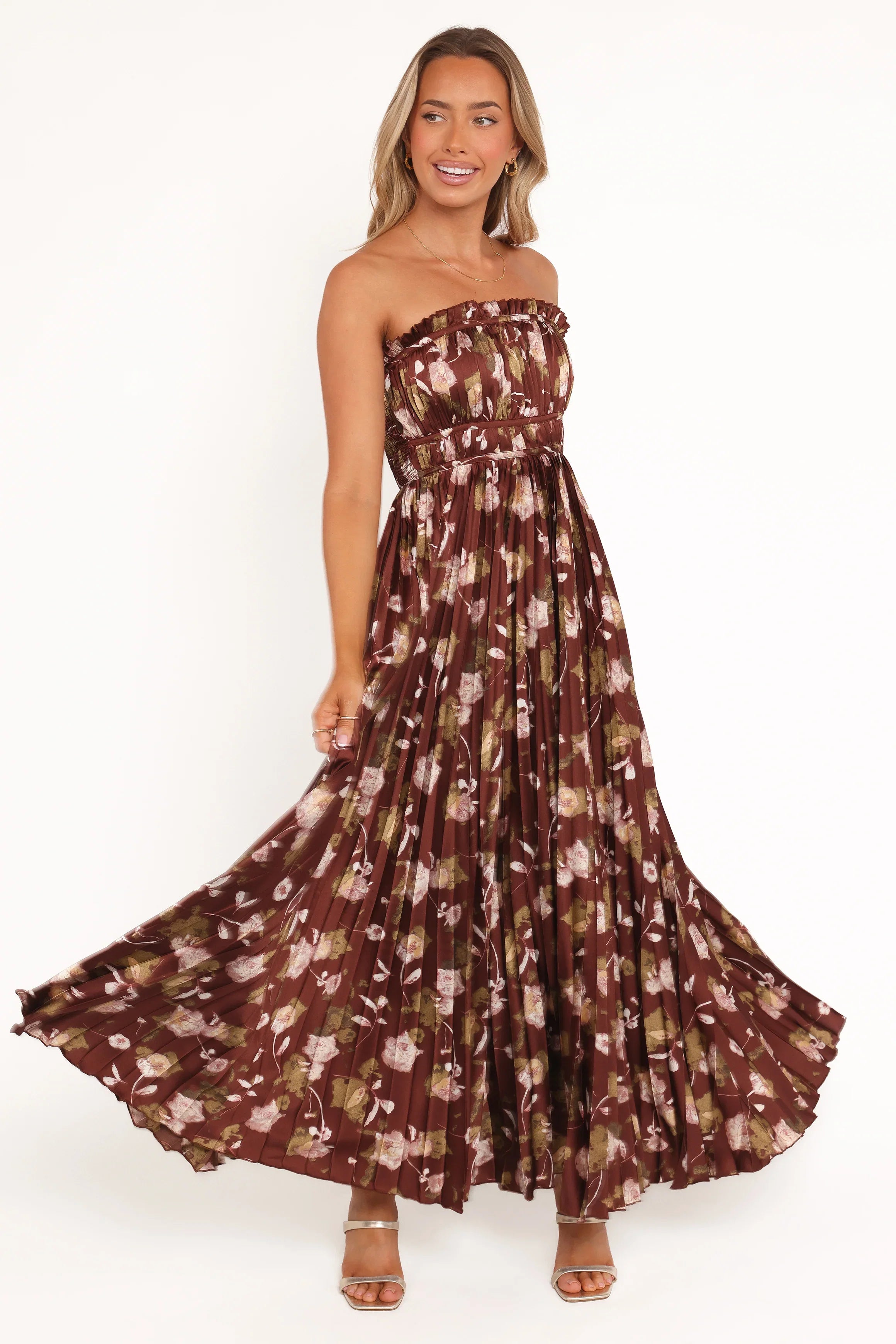 Angelique Strapless Maxi Dress Brown Floral