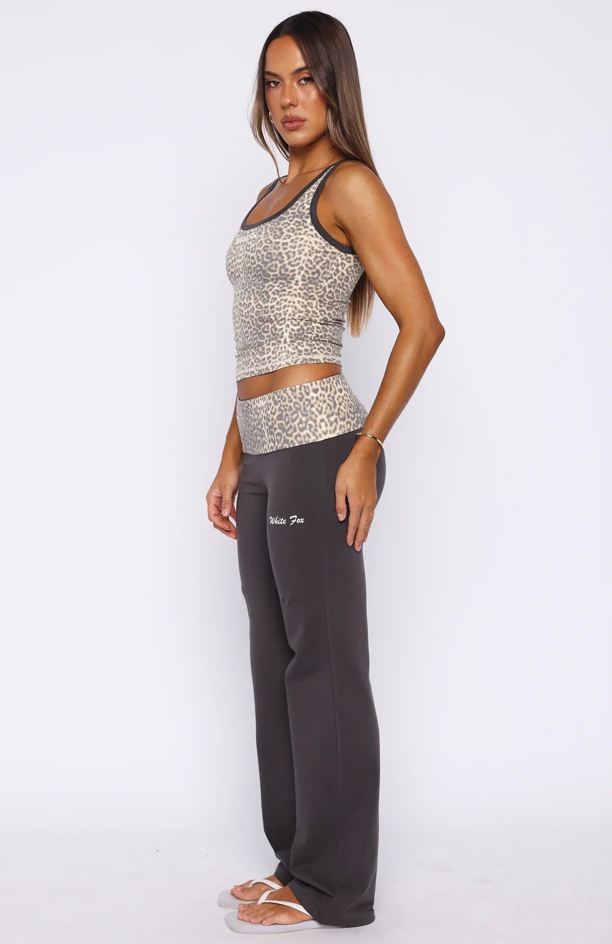 My Own Sunshine Fold Over Pants Charcoal Leopard Print