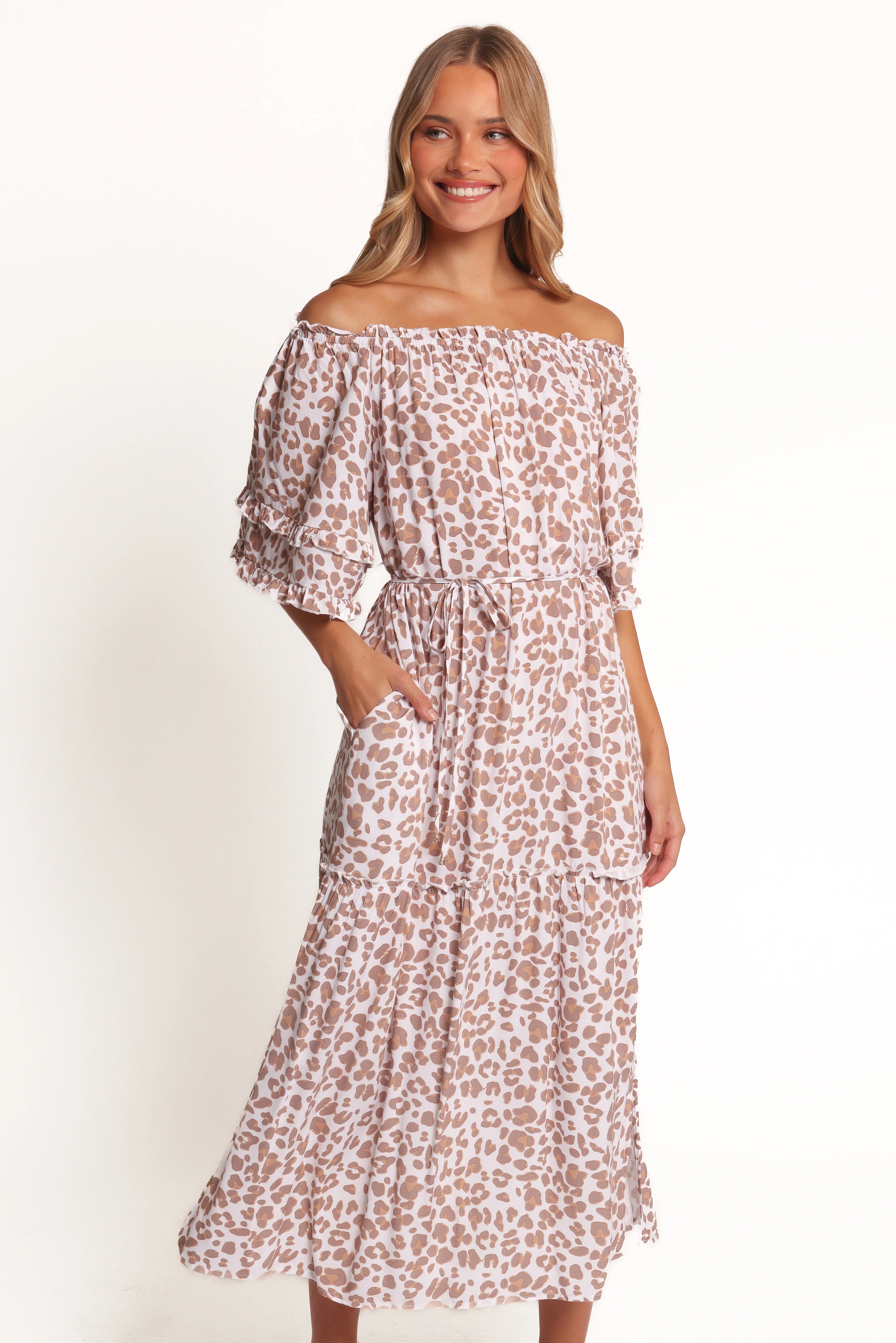 Rhody Off Shoulder Maxi Dress White Leopard